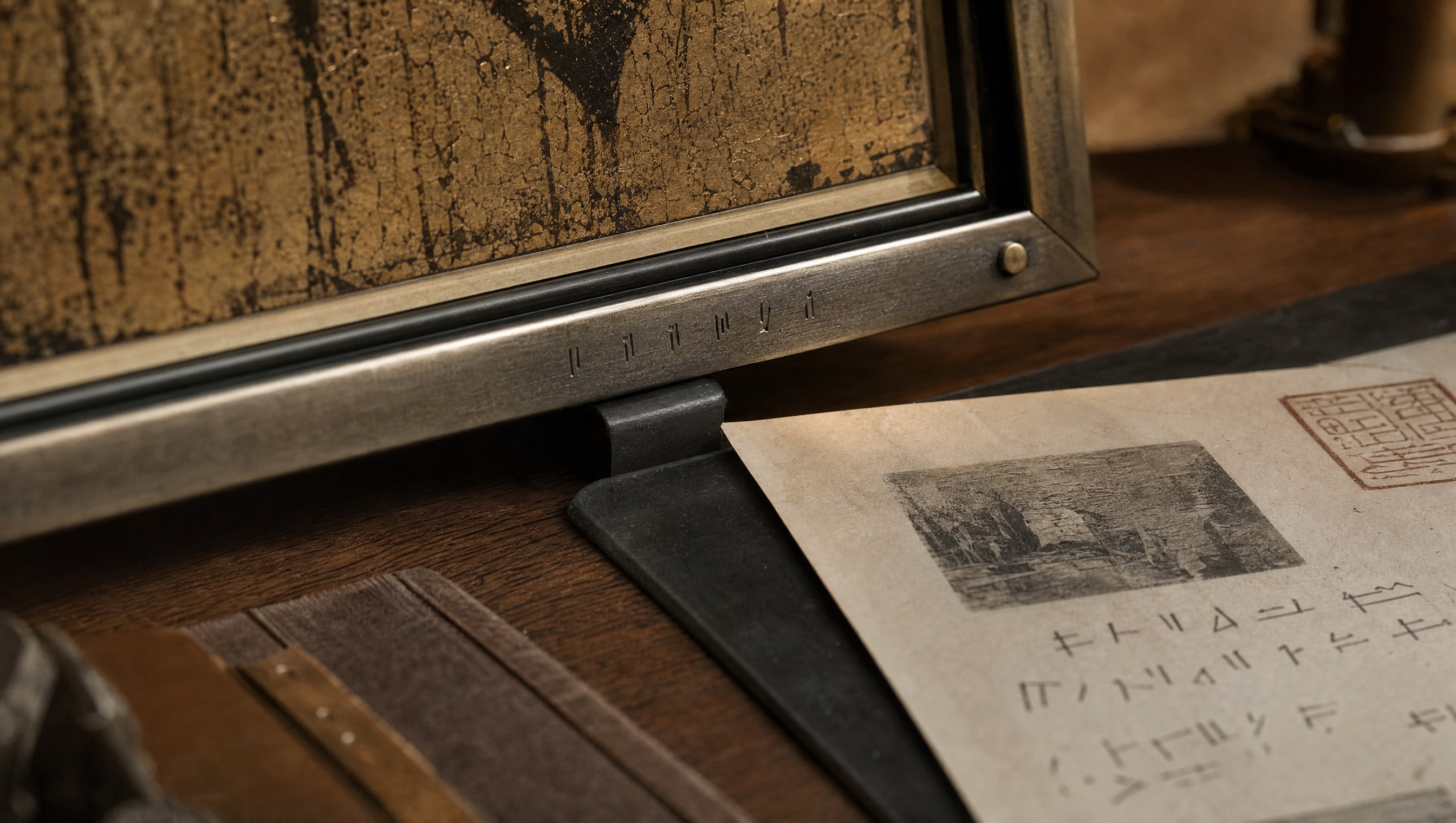 Macro on a serial number struck into the metal mount rail of a framed invented piece, the same code repeated on the paperwork lying beside it.