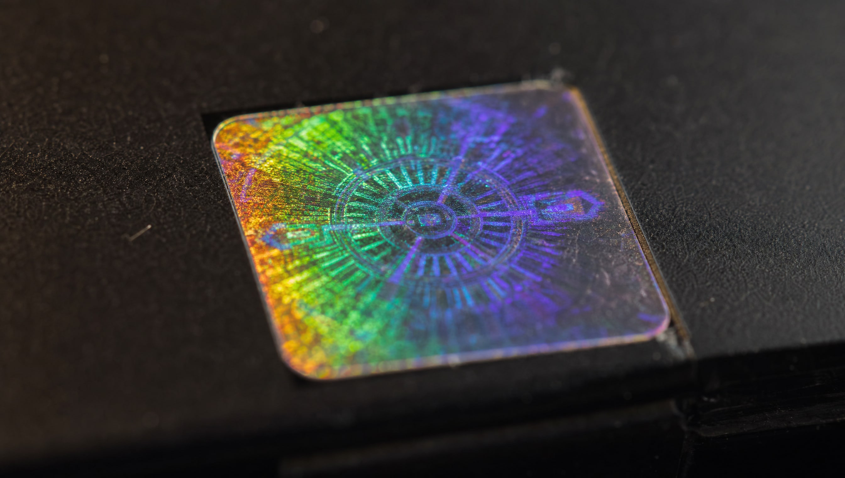 Macro on a holographic authenticity sticker, the rainbow shift visible across it.