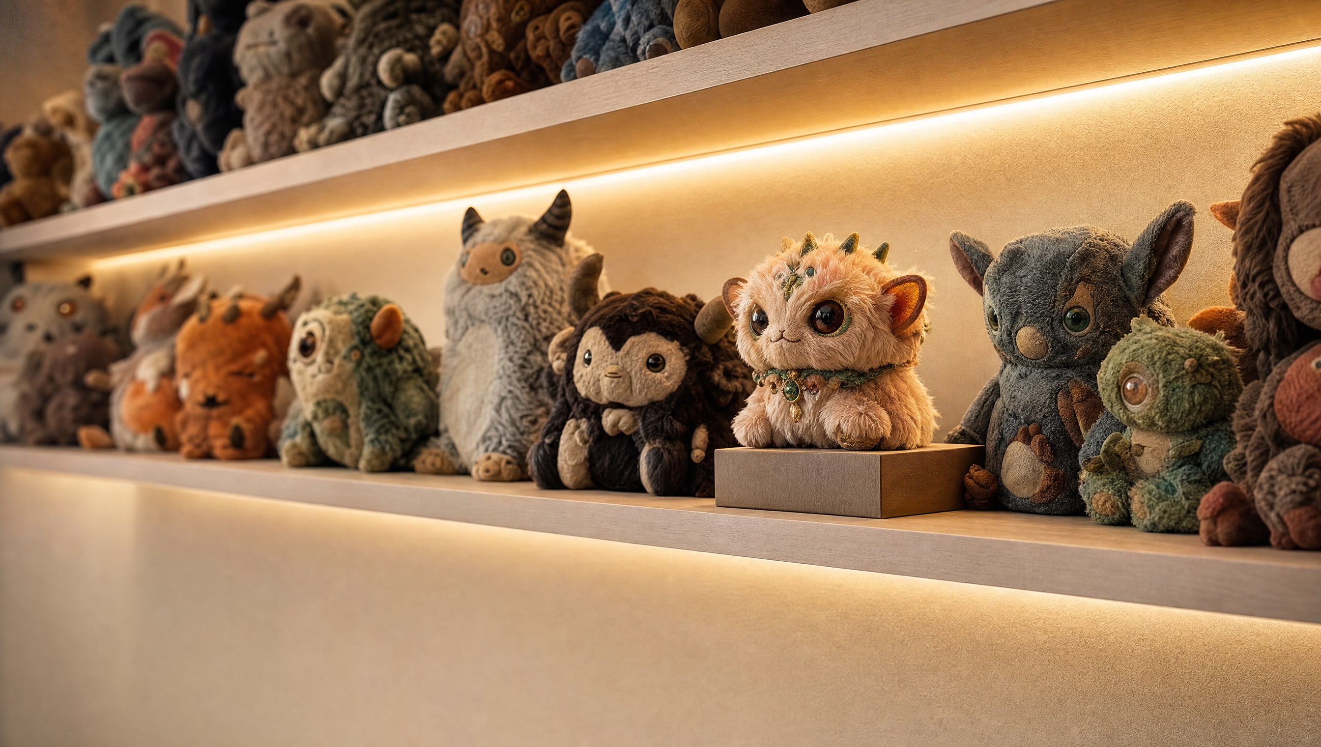 A bank of plush on graded shelves under warm LED light, largest at the back.