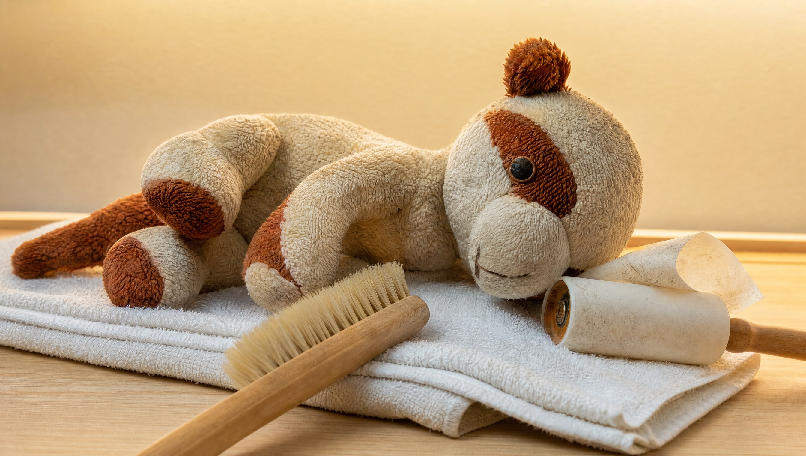 A plush mid clean: a soft brush in frame, a lint roller beside it, a towel underneath.