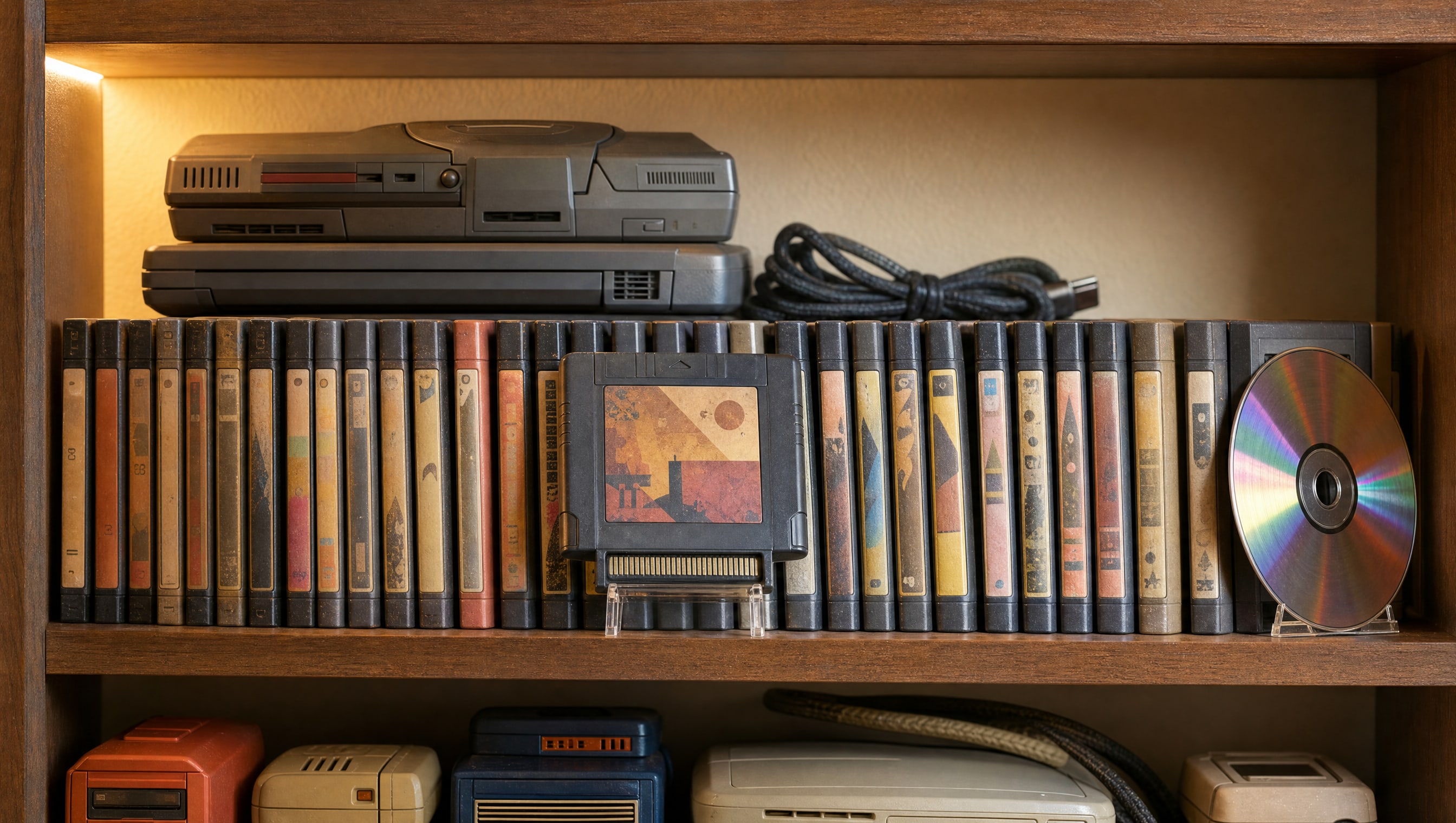 A lit shelf of invented cartridges stood on end beside two console shells, warm wall light raking across the labels.
