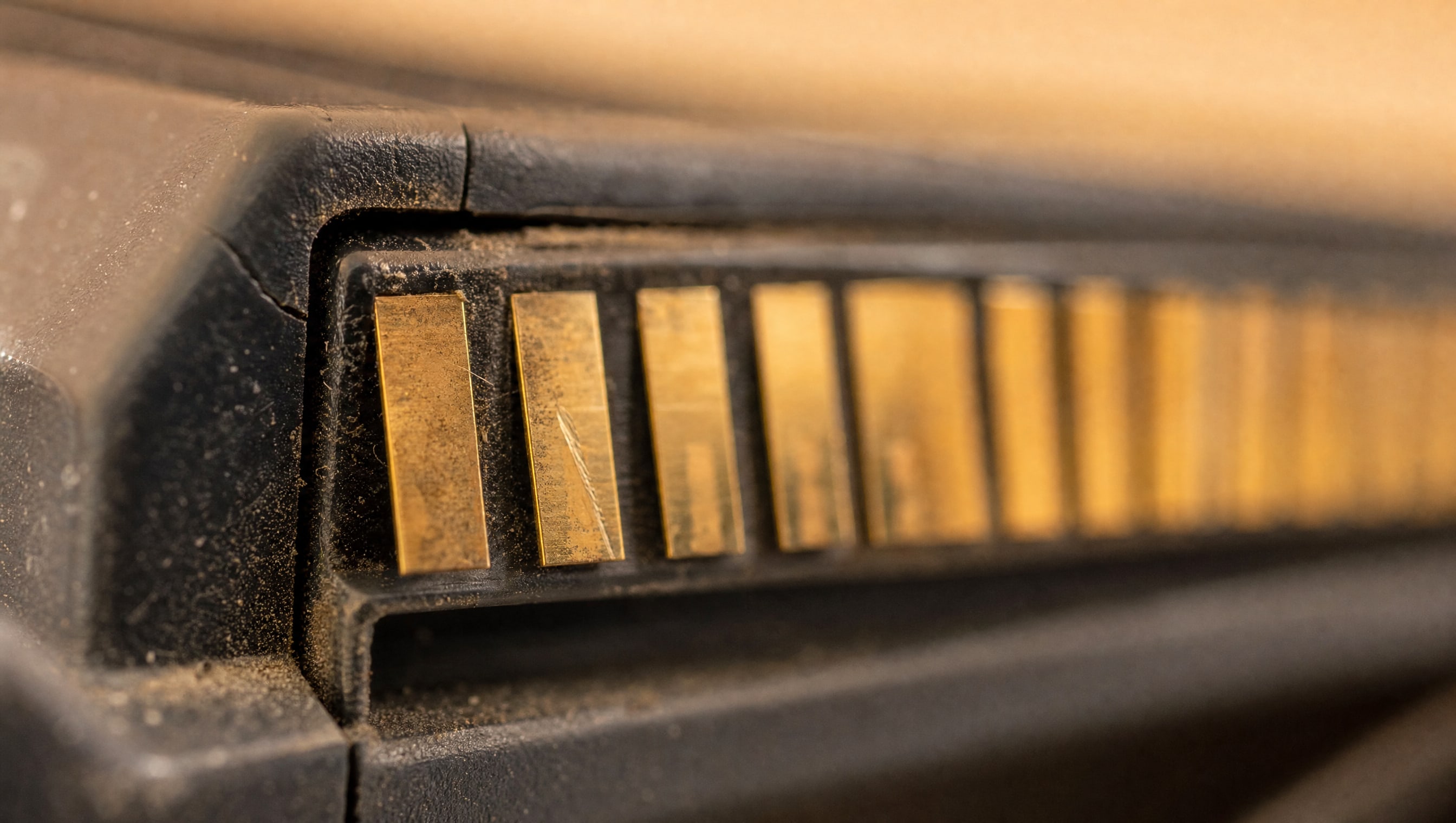 Macro across the exposed edge connector of an invented cartridge, contacts catching warm light.