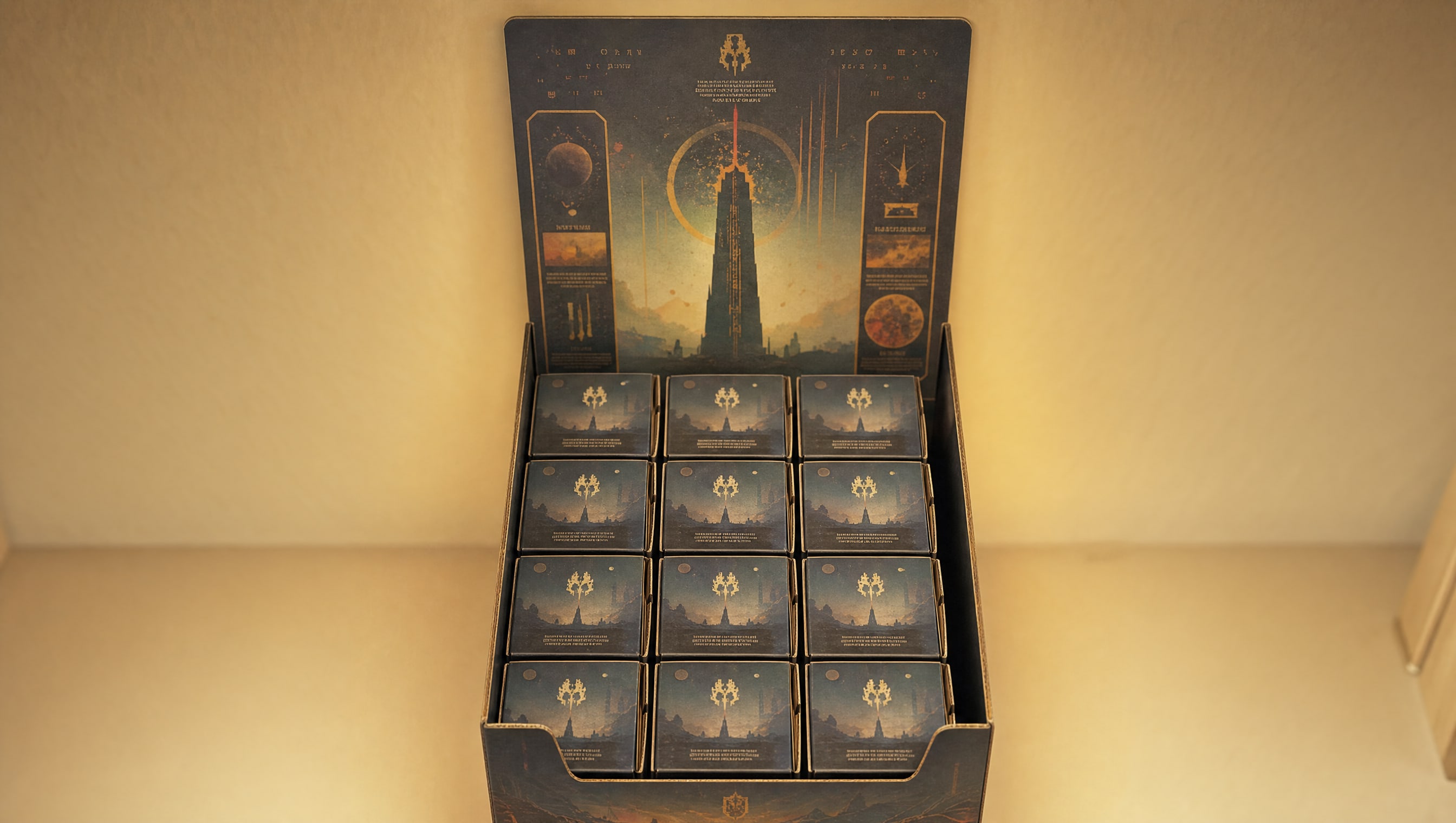 A sealed display case of twelve identical blind boxes with its lid lifted away, the tray of boxes still untouched under warm shelf light.