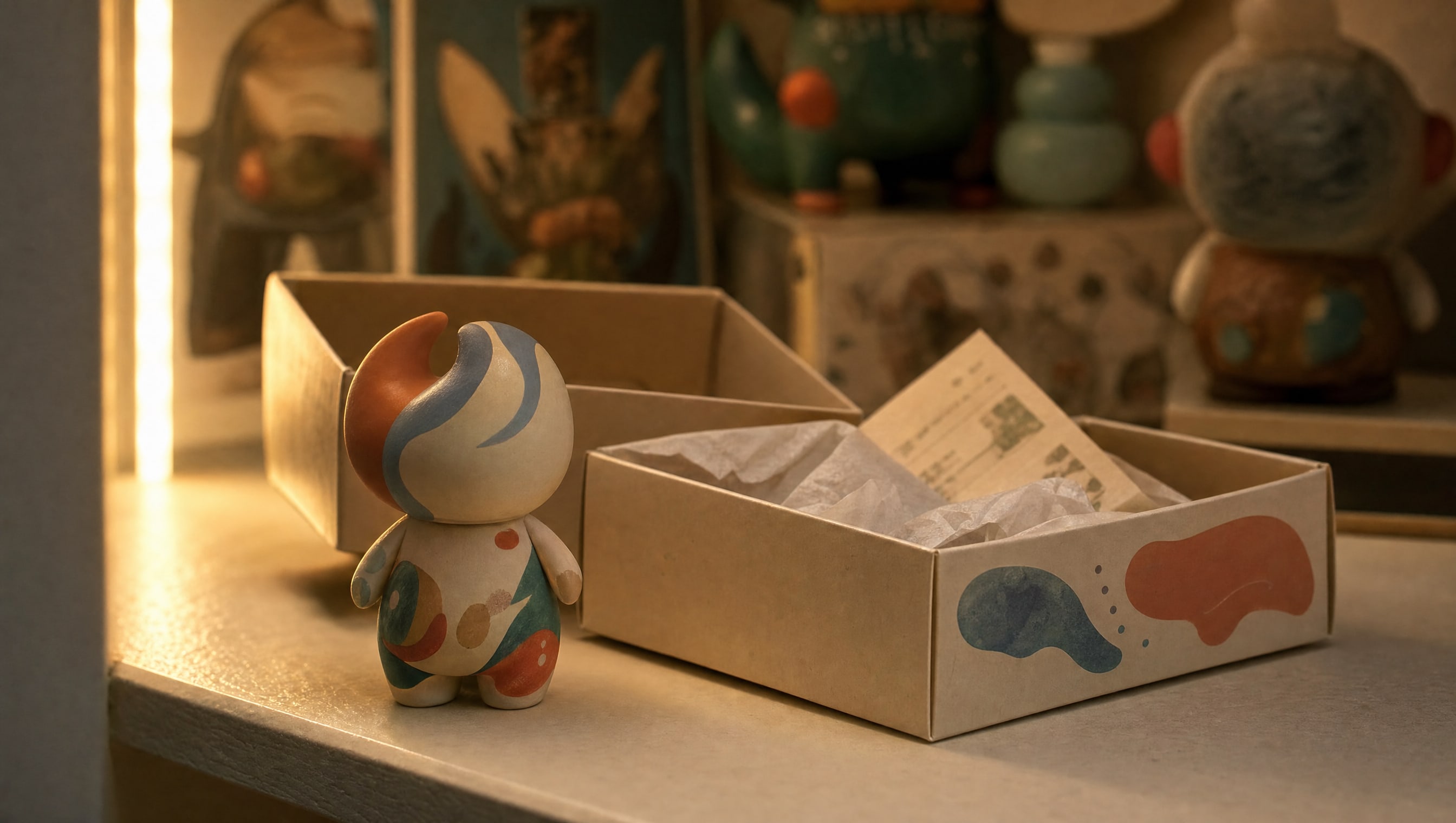A single small vinyl figure standing loose on a lit shelf beside its opened box, the tissue and folded leaflet still lying in the tray.