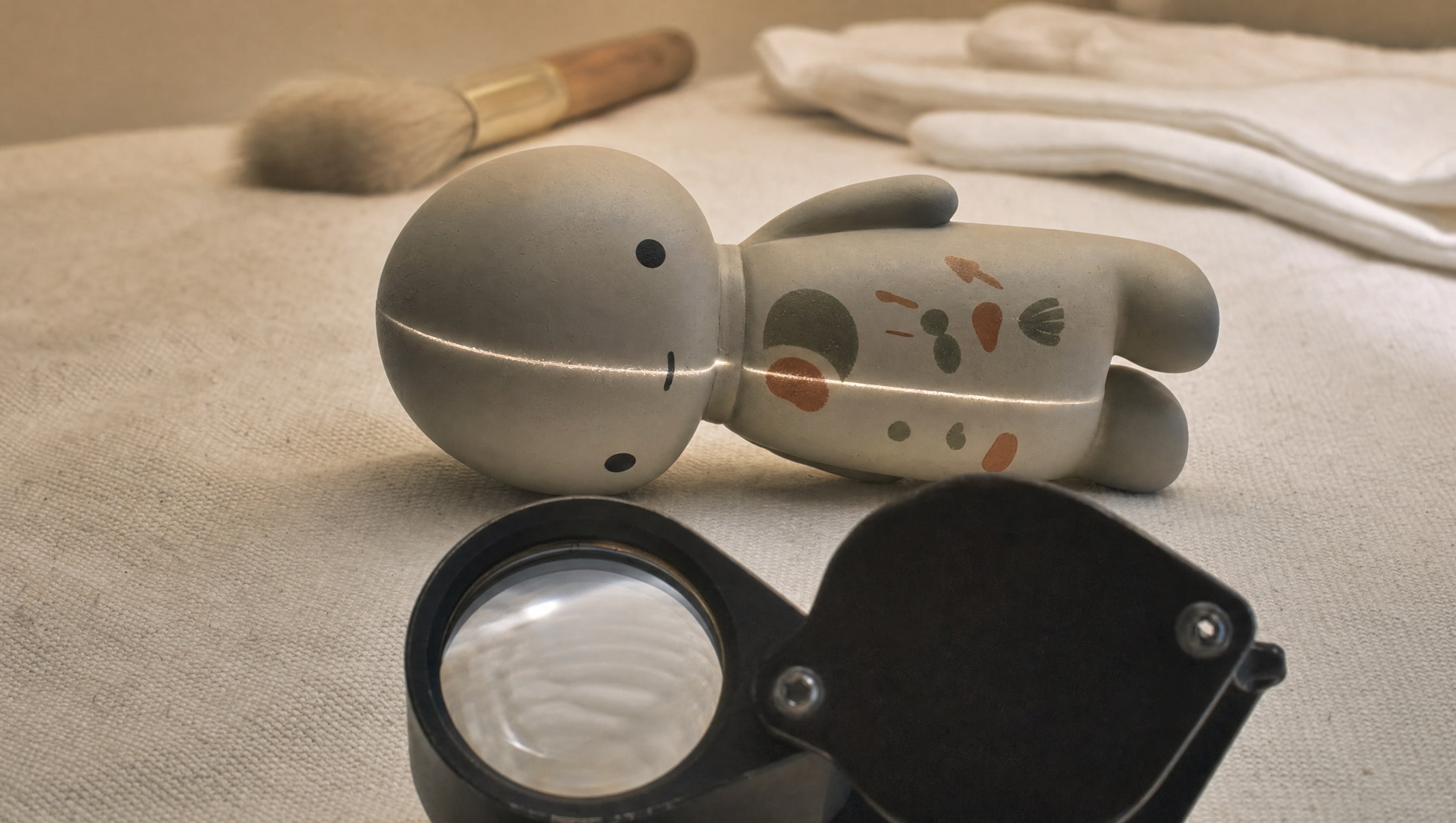 A jeweller’s loupe open on cream cloth beside a small vinyl figure laid on its side, a low raking light catching the mould seam along its flank.