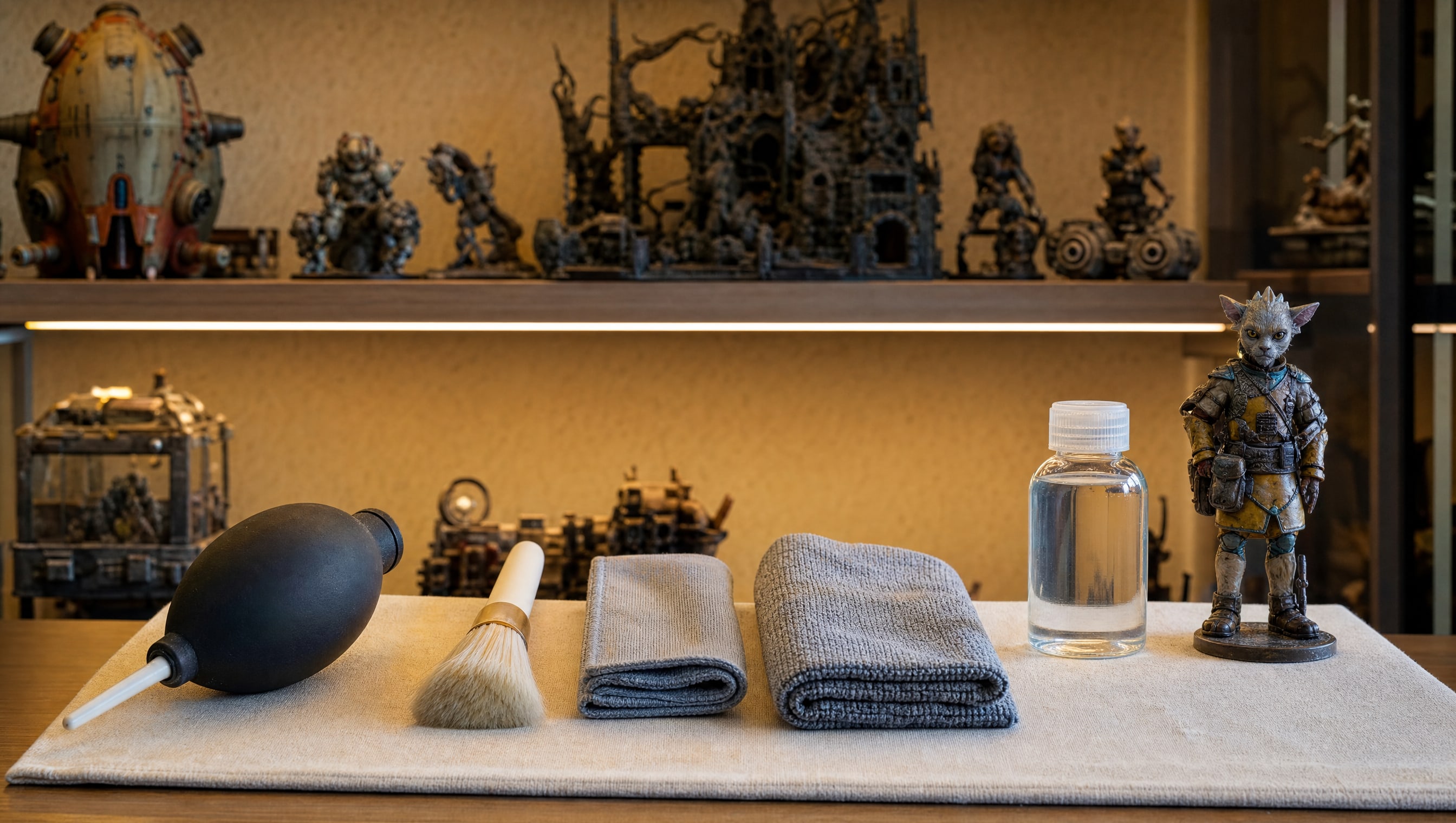 A cleaning kit laid out on a cream cloth: a rubber bulb blower, a soft goat-hair brush, folded microfibre cloths and a bottle of distilled water, beside an invented collector figure.