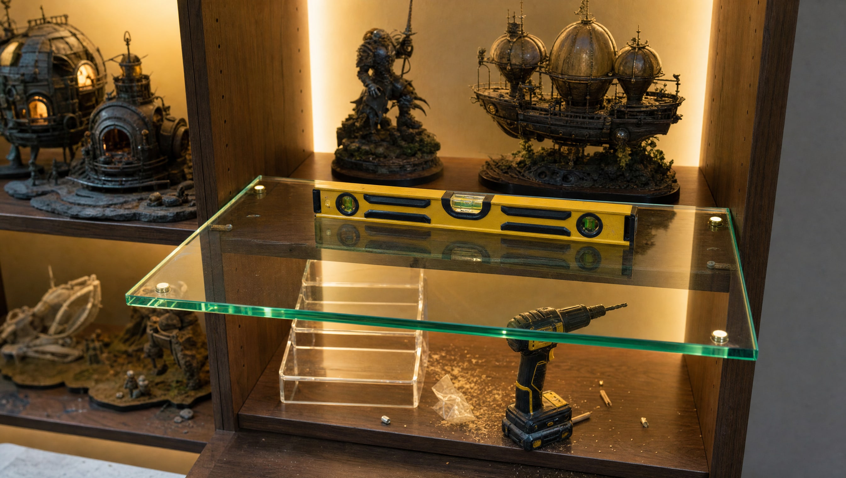 A part-built display case with a glass deck resting on its pins, a spirit level and a stepped riser staged beside it.