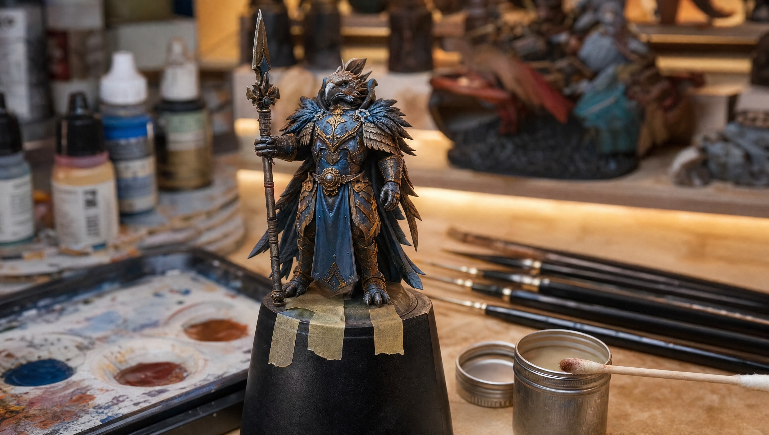 A repainting bench: an invented figure masked at the waist, thinned paint on a wet palette, fine brushes and a matte varnish tin.
