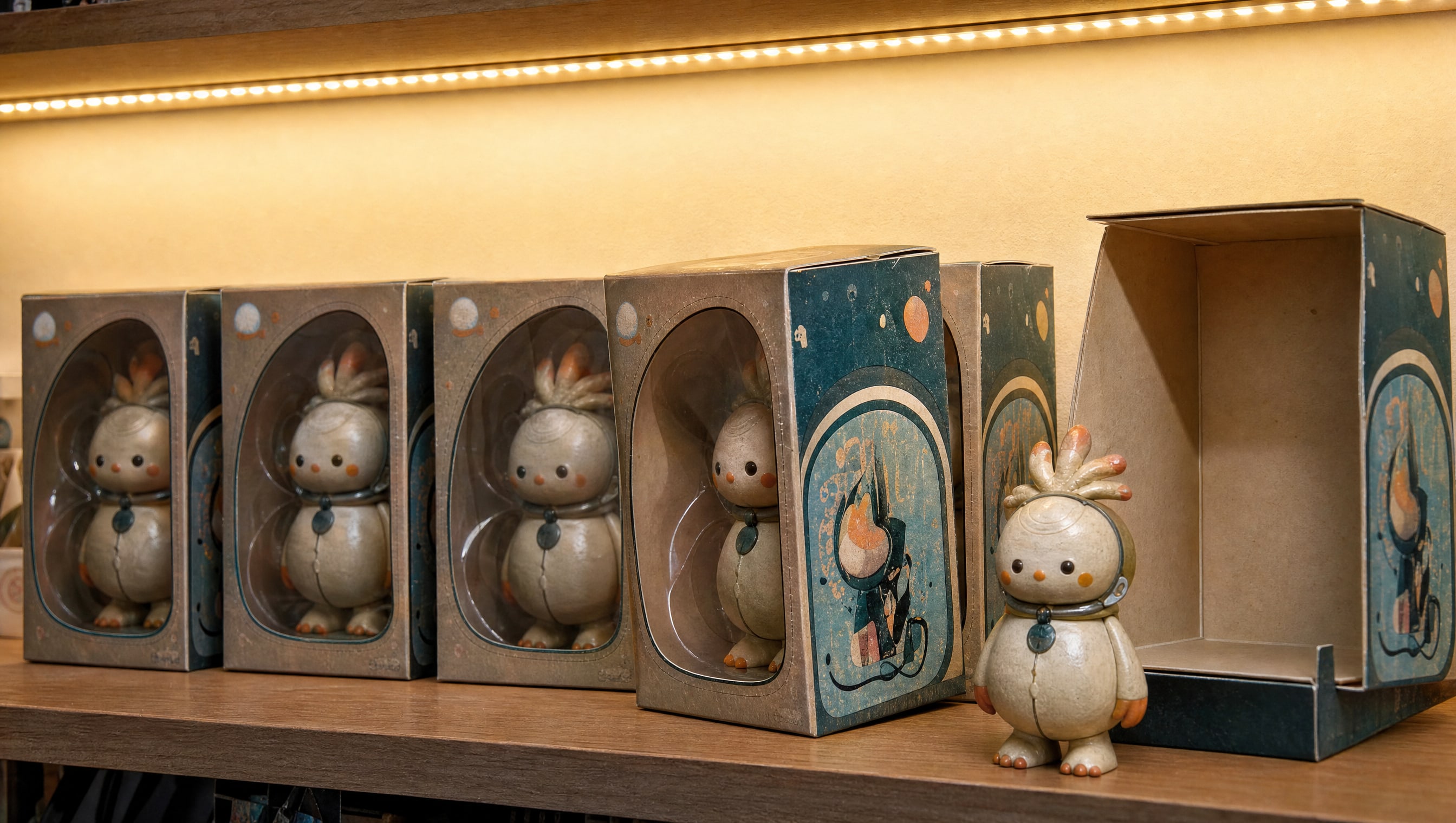 A row of identical invented vinyl figures in window boxes on a lit shelf, one pulled forward beside a loose figure standing in front of its open box.
