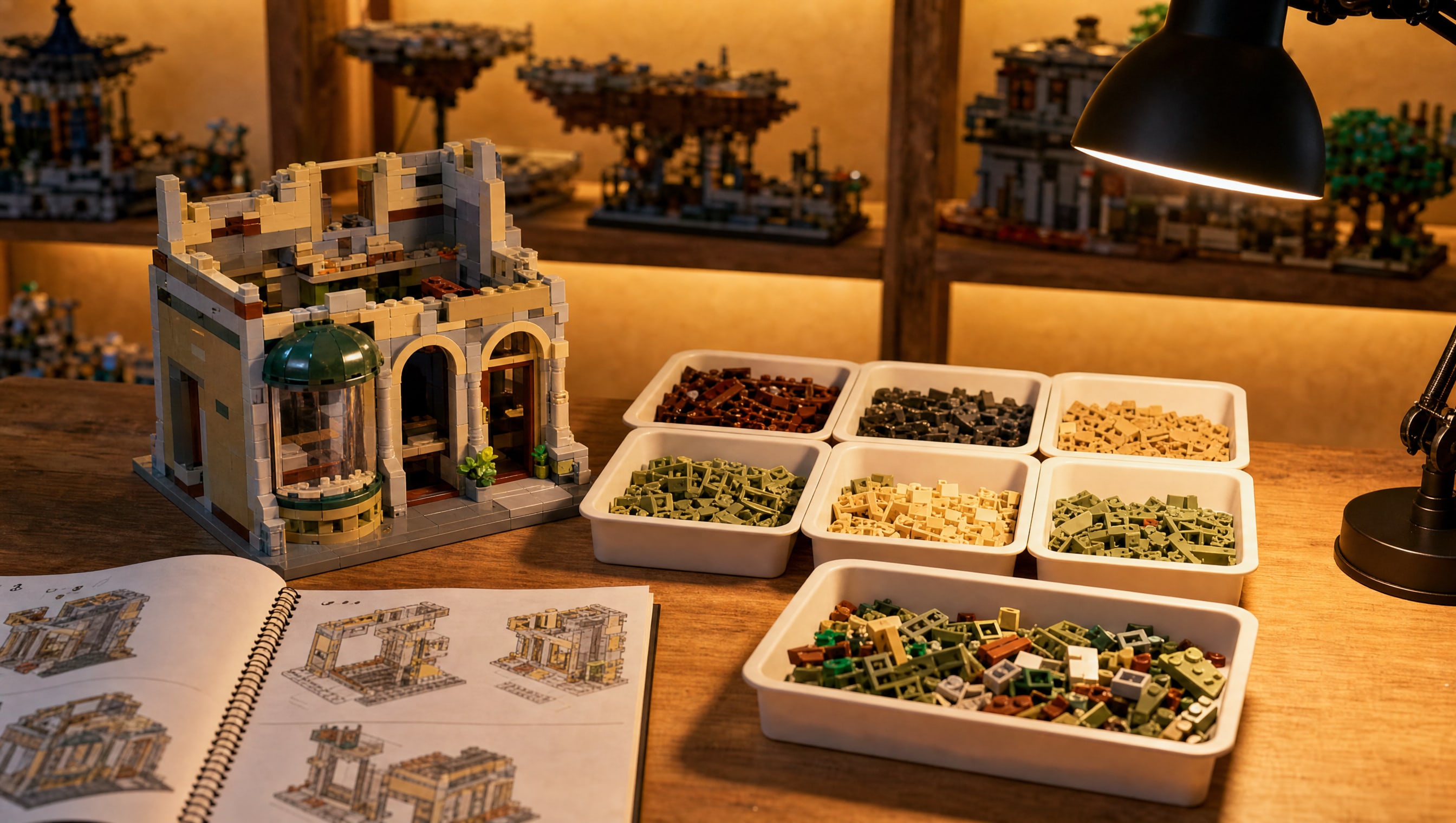 A half-built invented modular on a bench beside its open instruction book and a run of sorting trays.