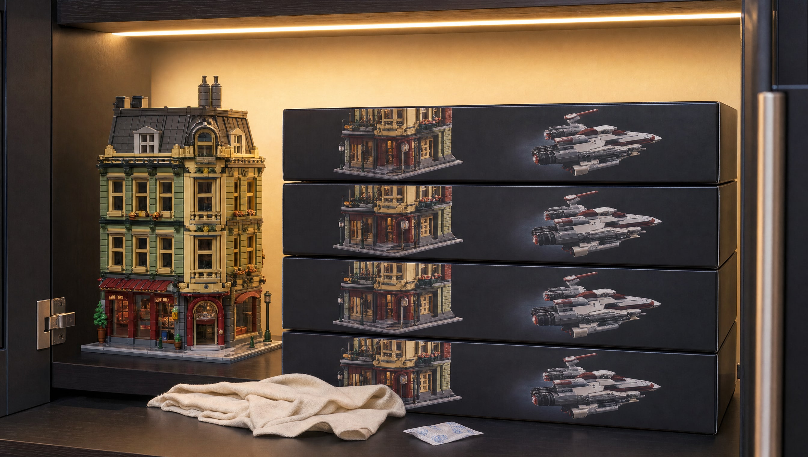 Sealed boxed brick sets stored flat in a cool dark cupboard, corners square and unscuffed, with one invented modular building model built and standing on the shelf beside them.