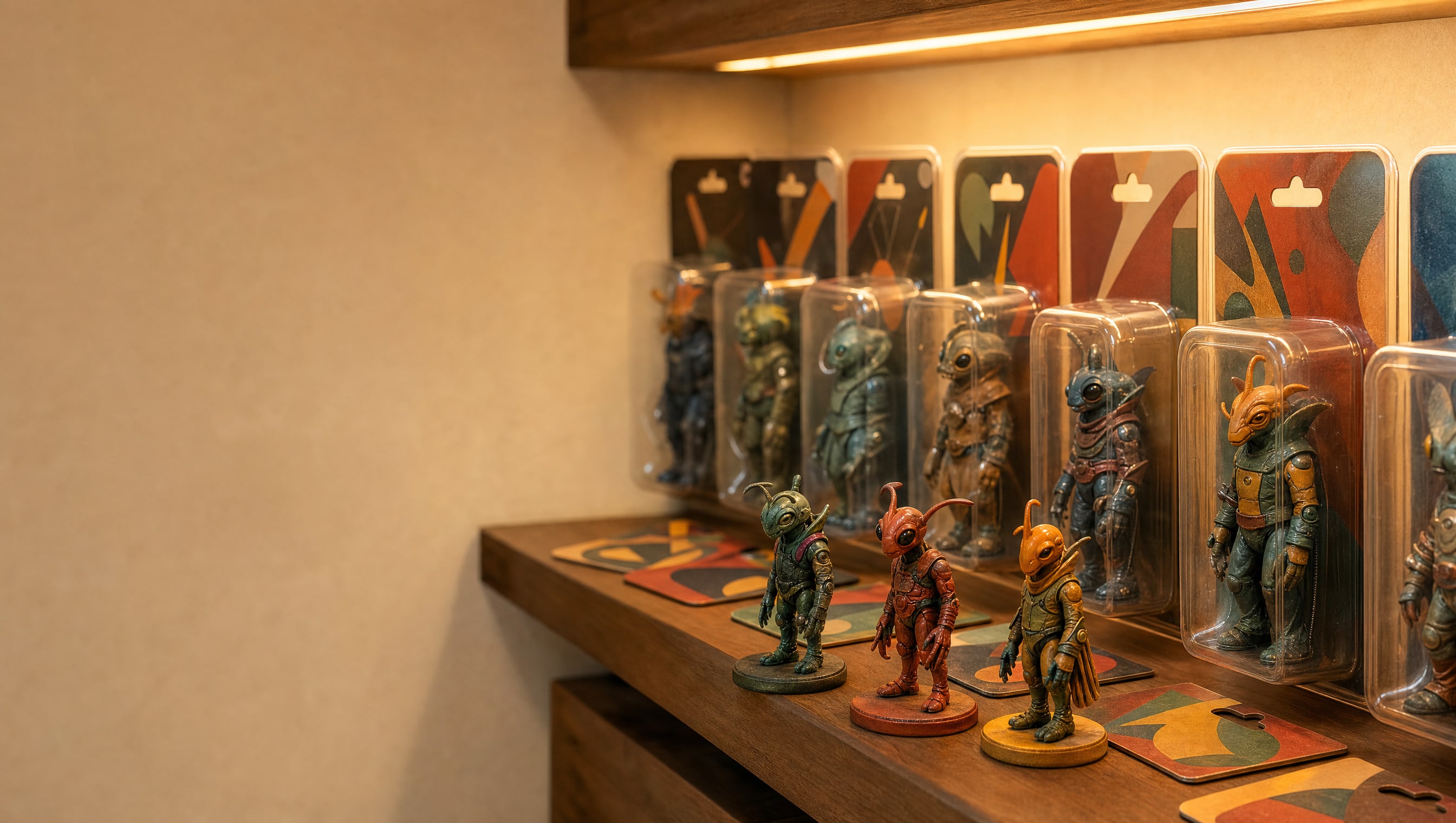 A shelf of invented chip-based figures, half still sealed on their backing cards, half standing loose beside them.