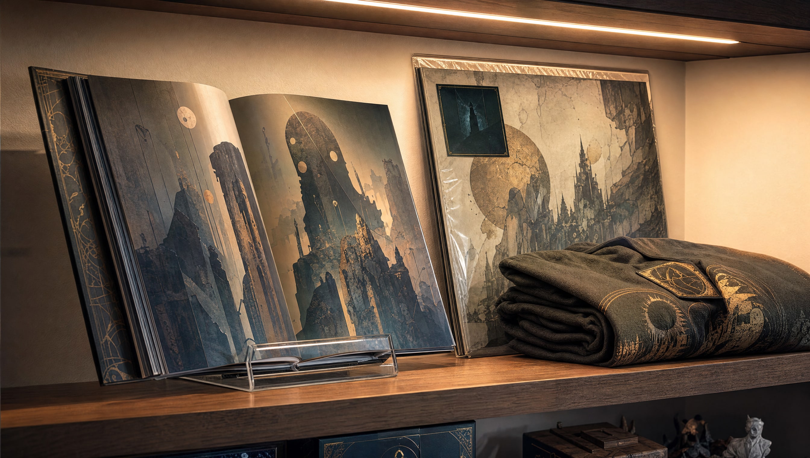 A lit side shelf holding an invented art book on a stand, a record sleeve leaning behind it and a folded garment beside them.