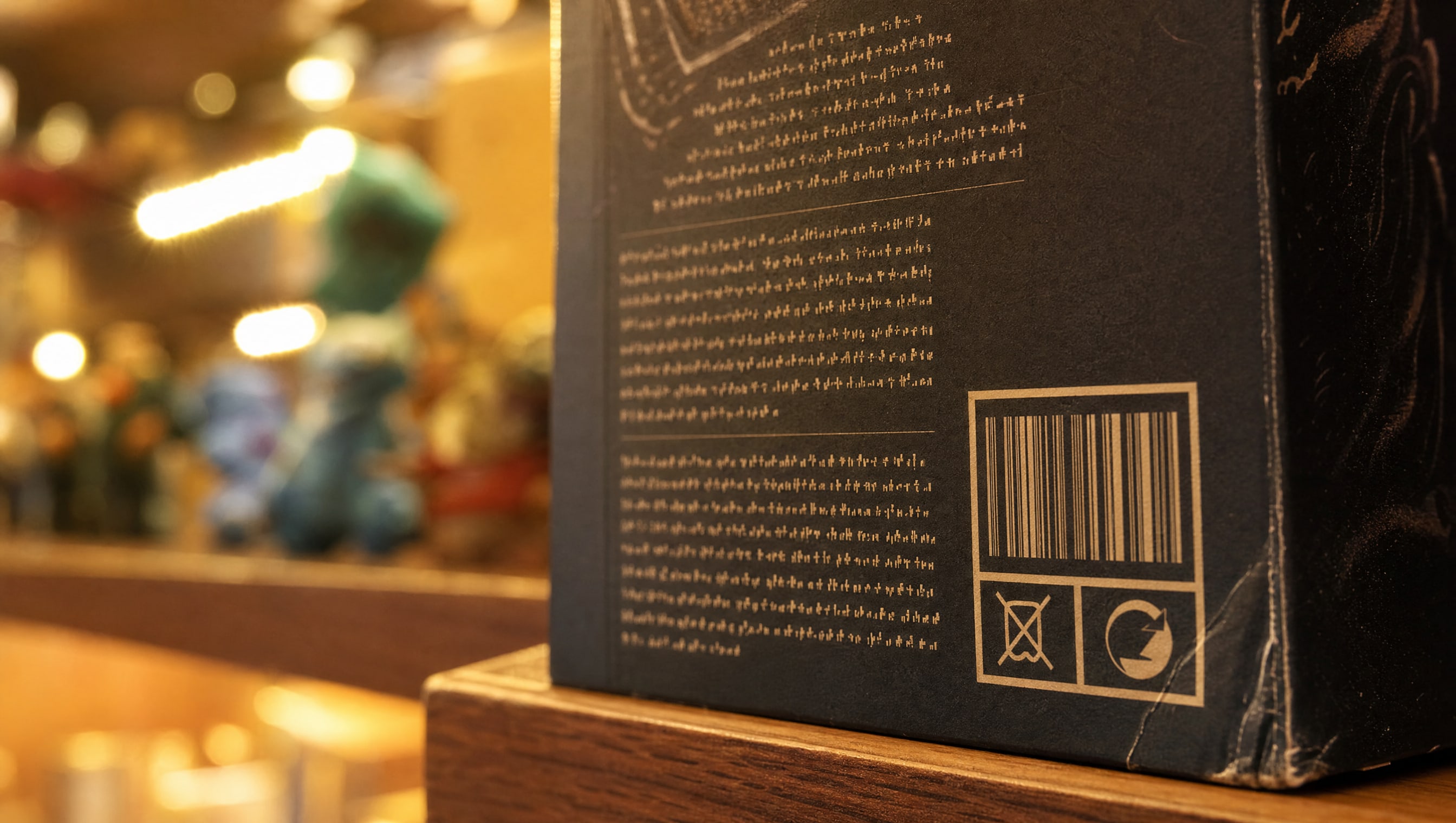 Macro on the printed rights and compliance block on the back of an invented boxed collectible, raking shelf light across the panel.