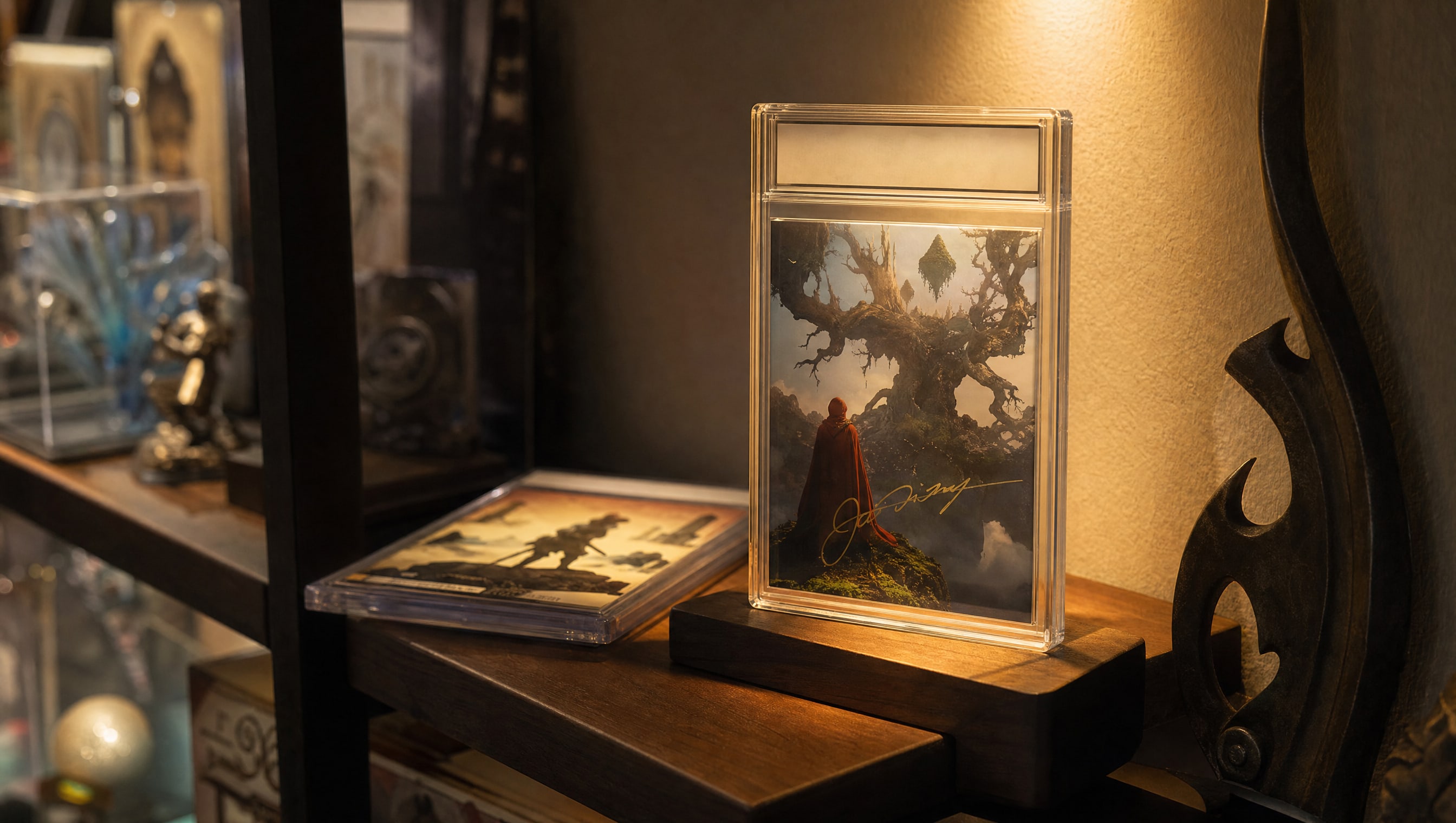A small graded slab upright on a riser under a tight warm spot, an invented signed cover visible inside the holder.