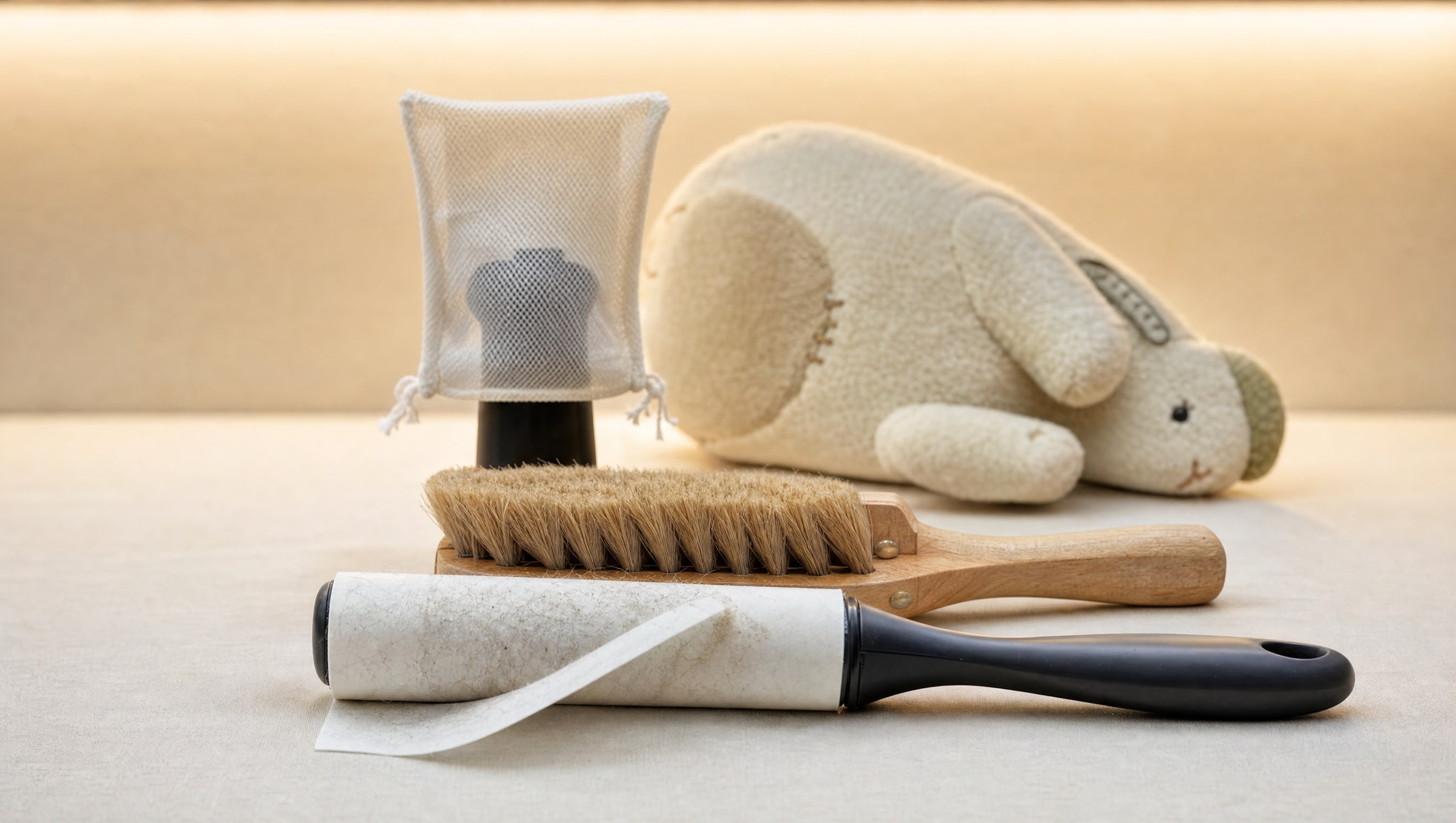 A dry cleaning kit laid out on cream cloth — lint roller, soft brush and nylon mesh over a vacuum nozzle — with a pale plush on its side beside them.
