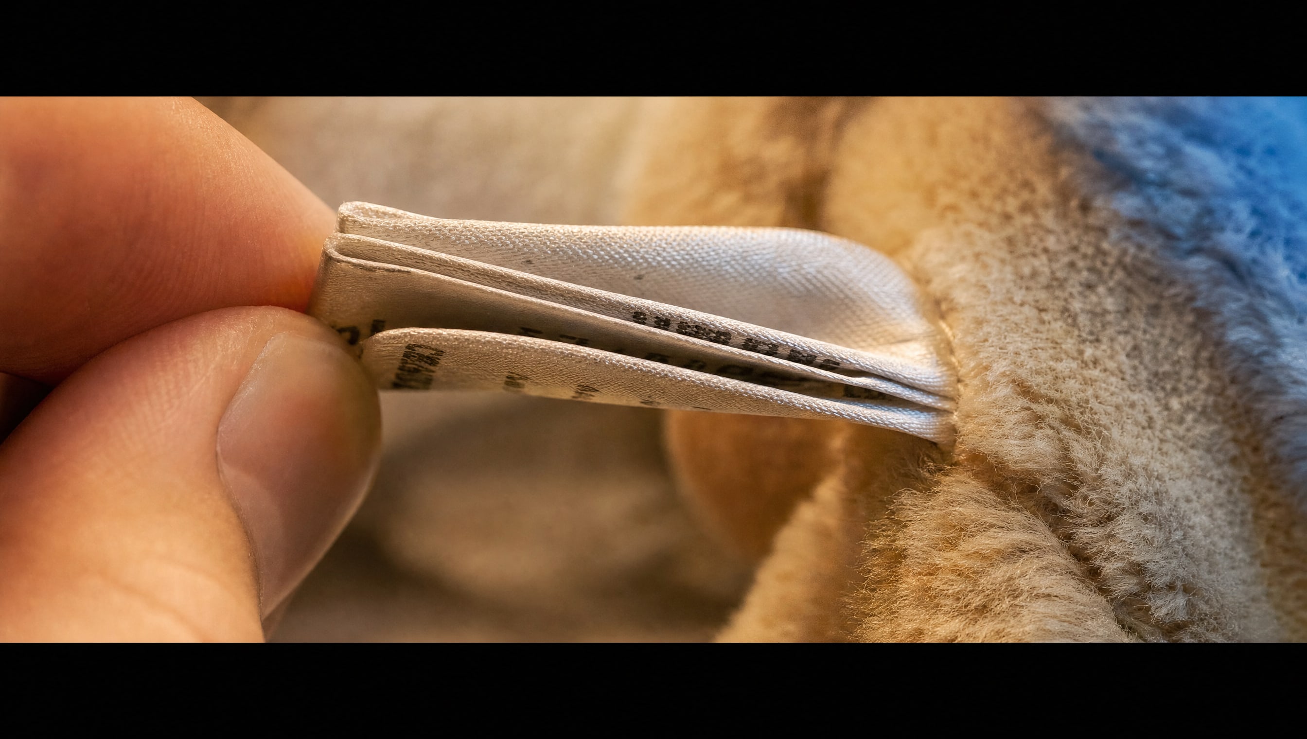 Macro on the sewn-in tag stack of a licensed plush, the printed licence line running along the satin.