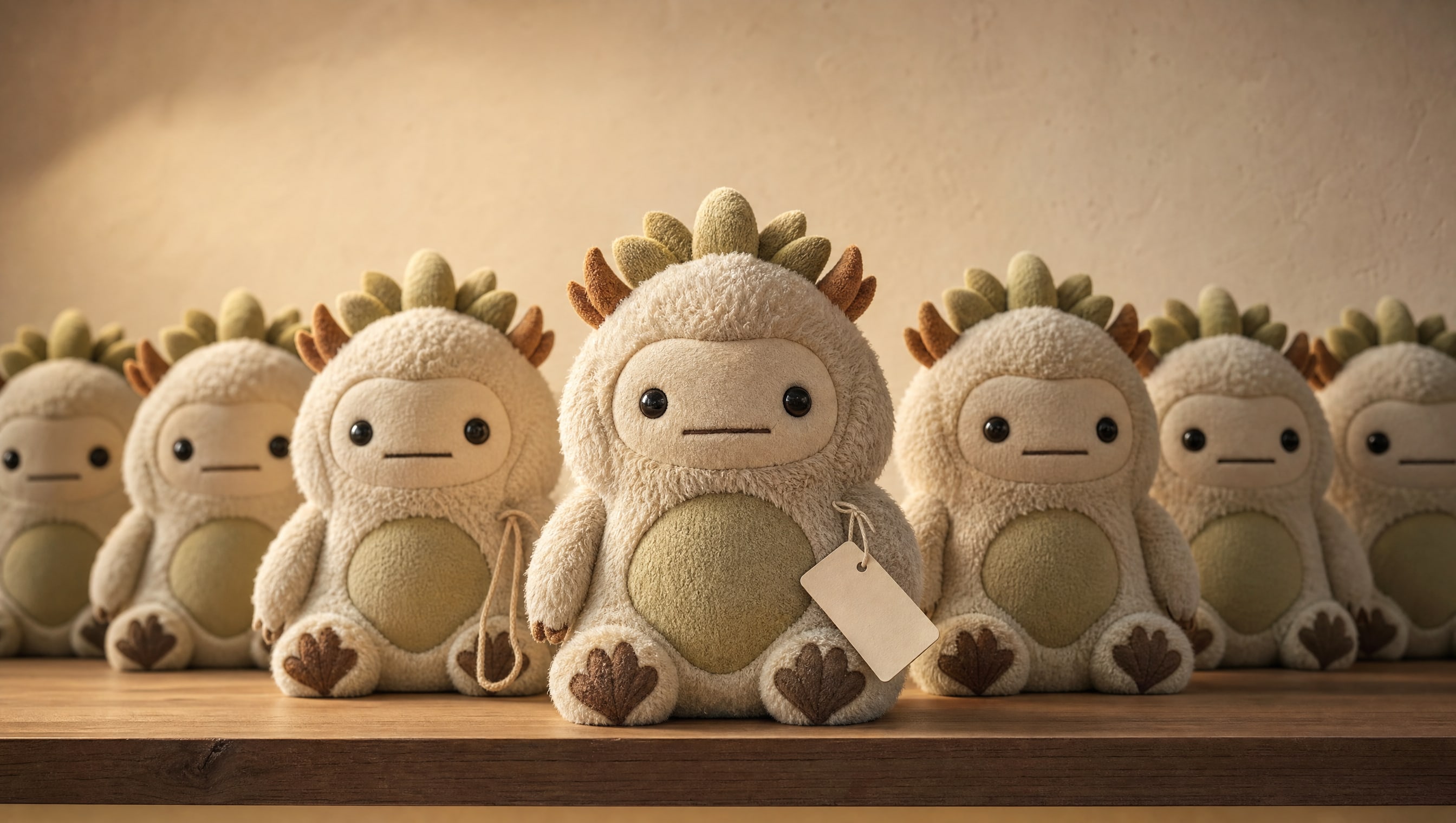 A row of plush of one design on a single shelf, only the nearest still carrying its swing tag.
