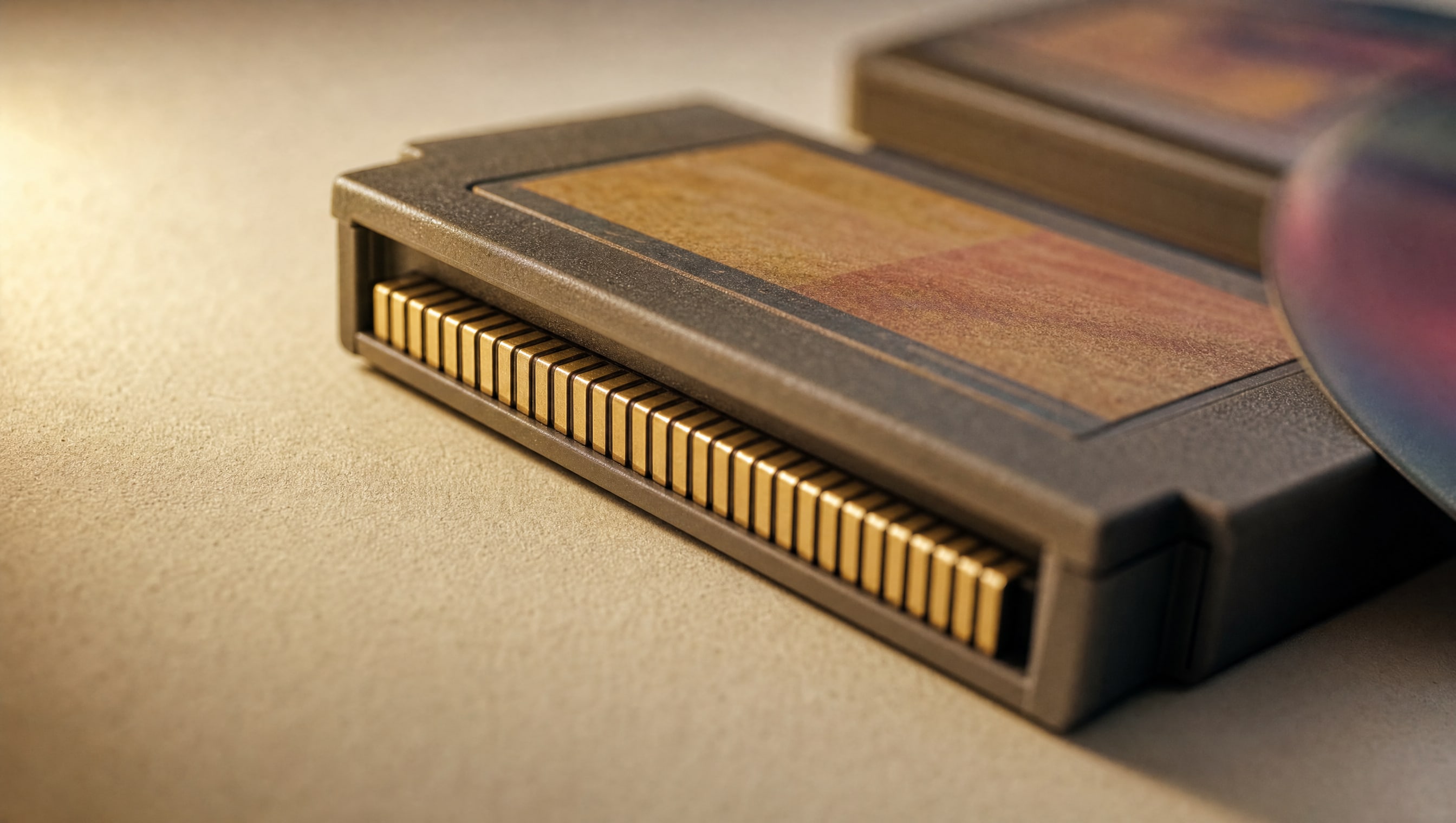 Macro along the exposed edge connector of an invented cartridge, the plated fingers catching warm shelf light.
