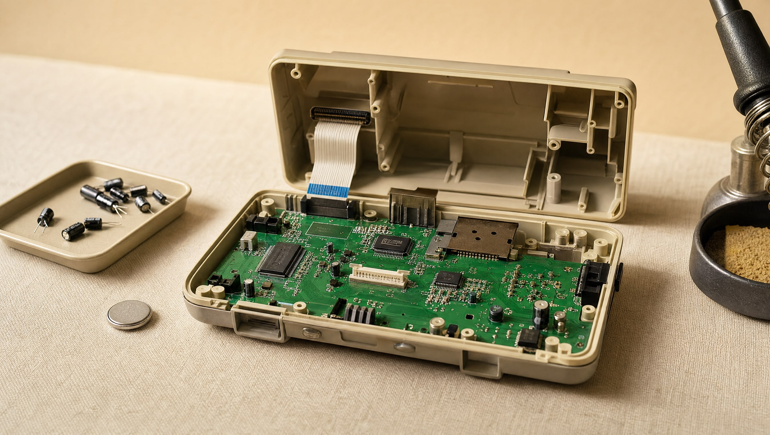 An invented console open on a bench mat beside a soldering iron, a tray of replacement capacitors and a coin cell lifted clear of the board.