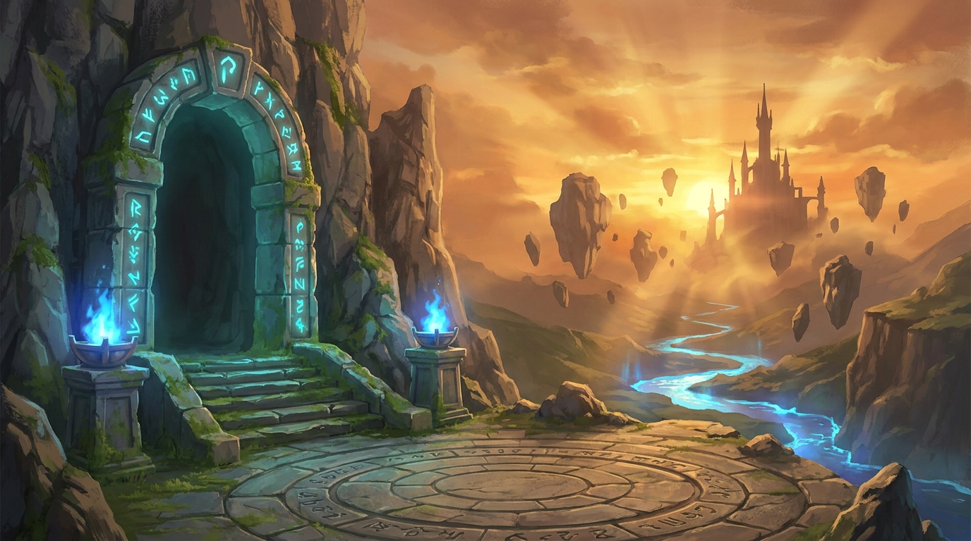 A rune-lit portal gate above a sunset valley