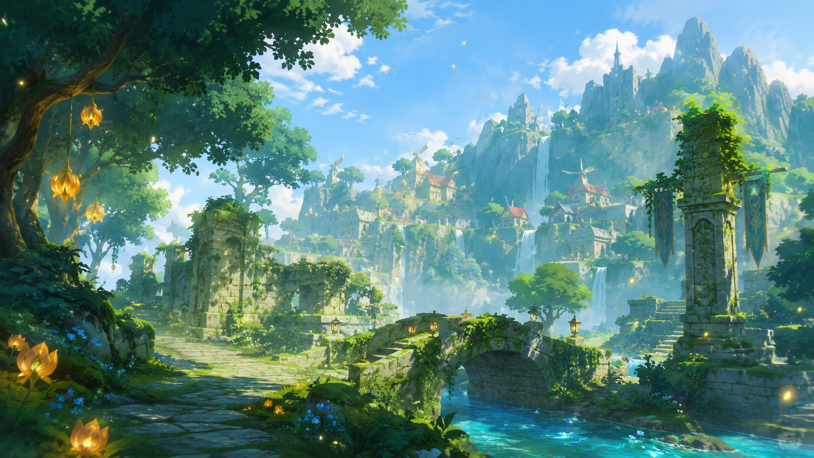 A stone village terraced over waterfalls