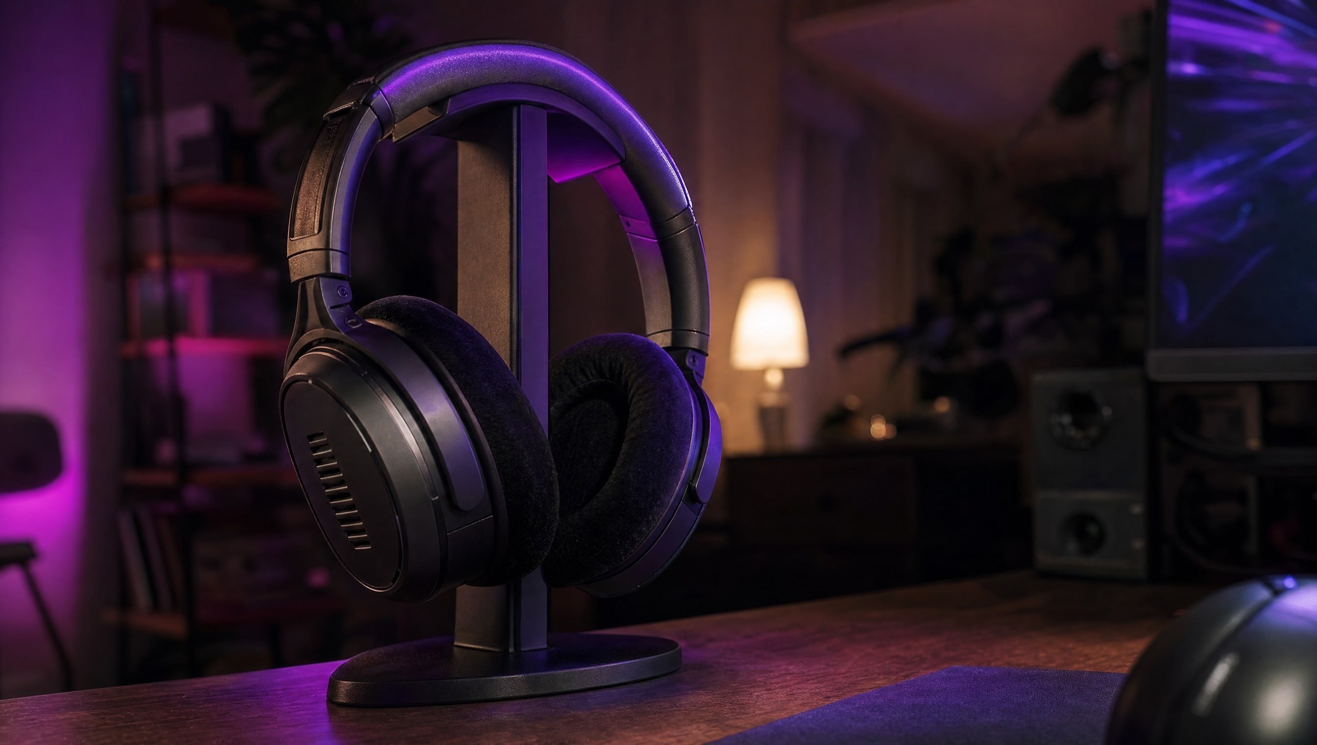 Over-ear headphones resting on a desk stand, earpads compressed slightly, violet light along the headband.