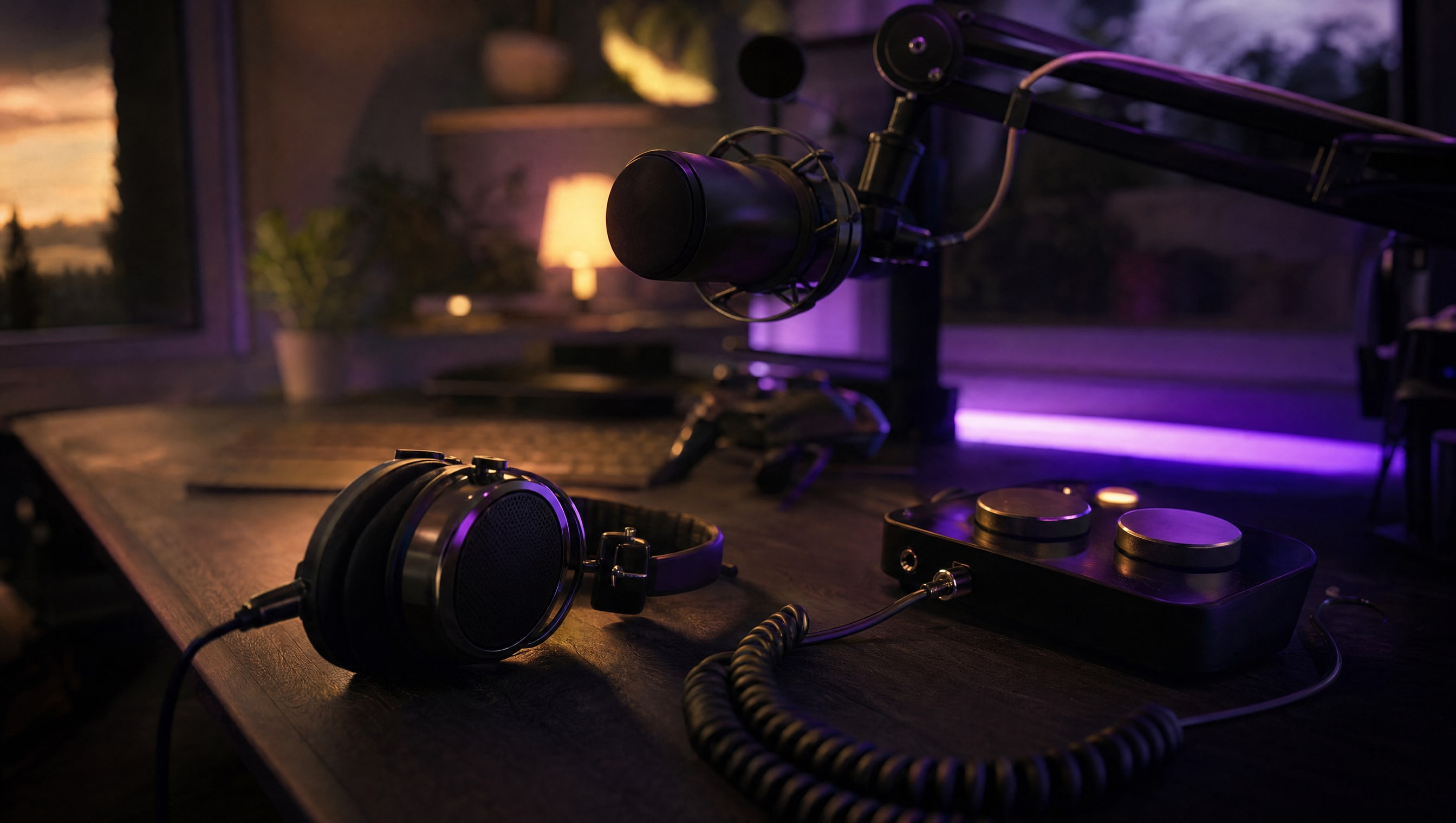 A desk at night: a mic on an arm, an interface with two knobs, headphones and a cable.