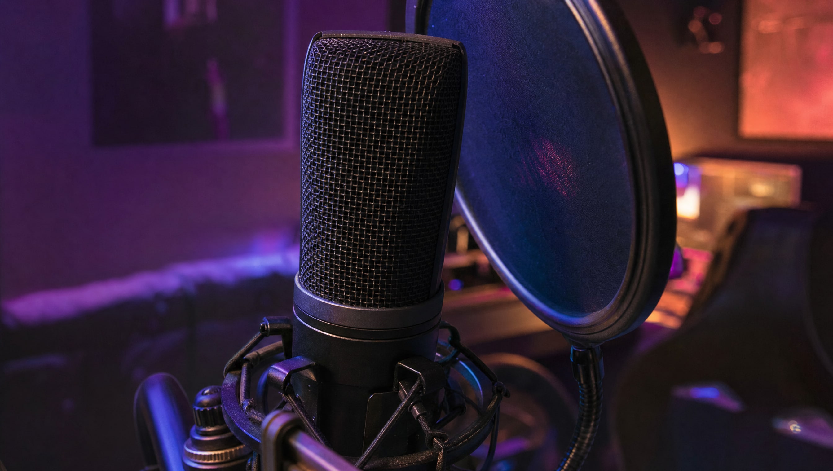 A large-diaphragm microphone in a shock mount, grille filling the frame, a pop filter in front.