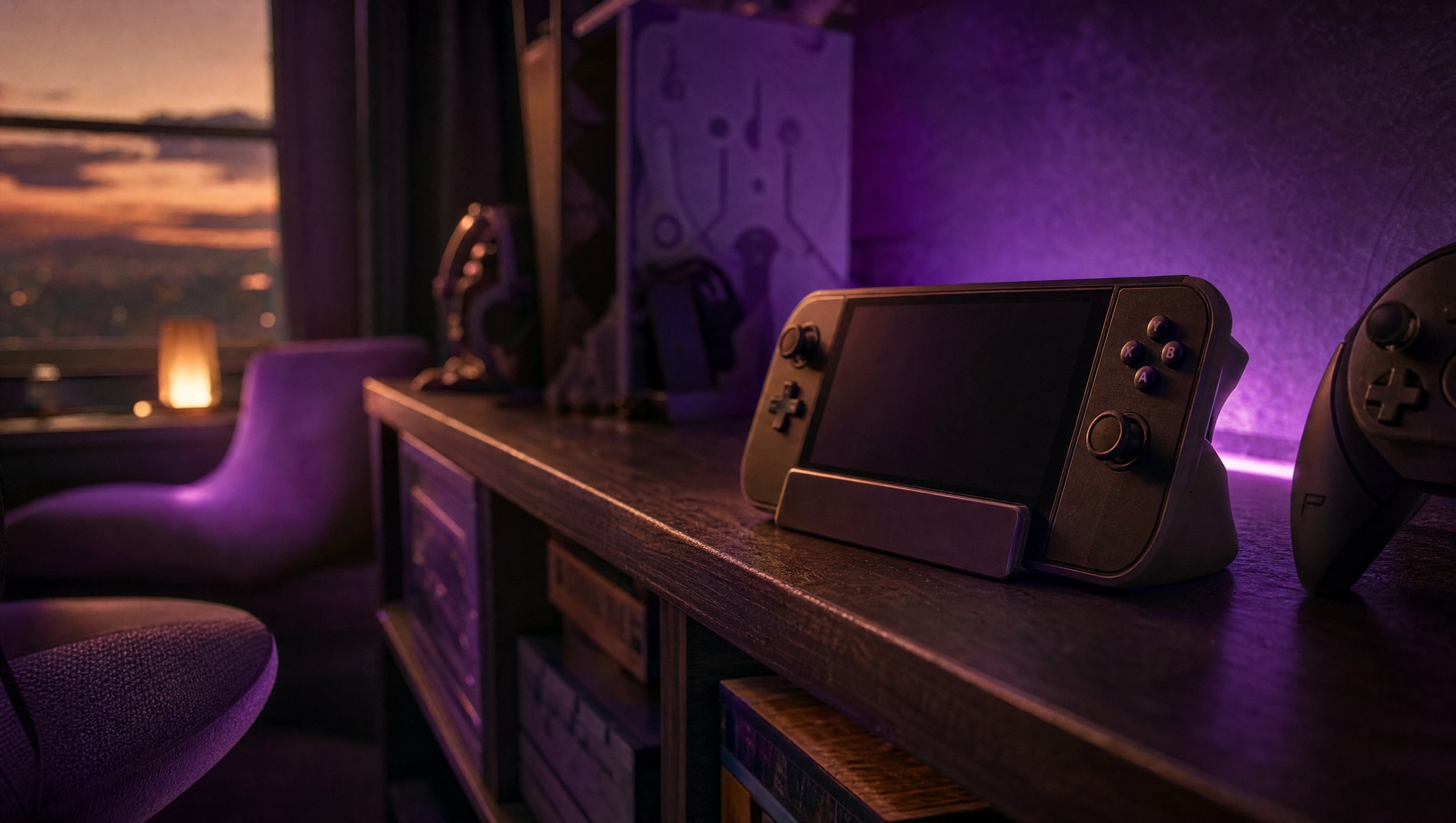 A small handheld console propped in a stand on a shelf, grips and shoulder buttons in relief.