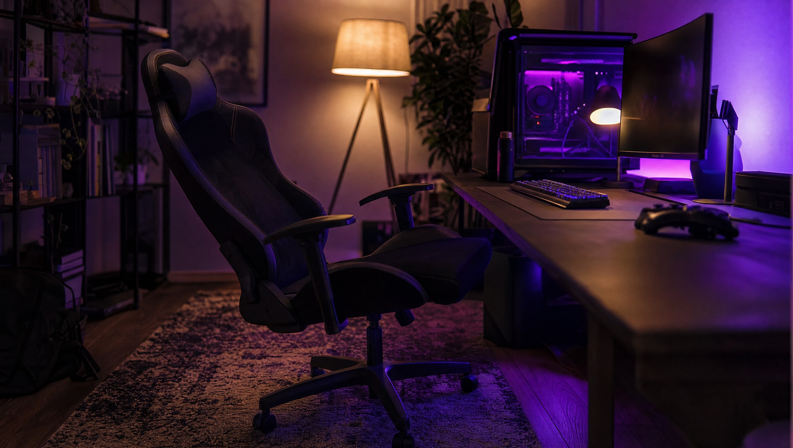 A room at night: a chair pulled back from a desk, a rug beneath it, a floor lamp behind.