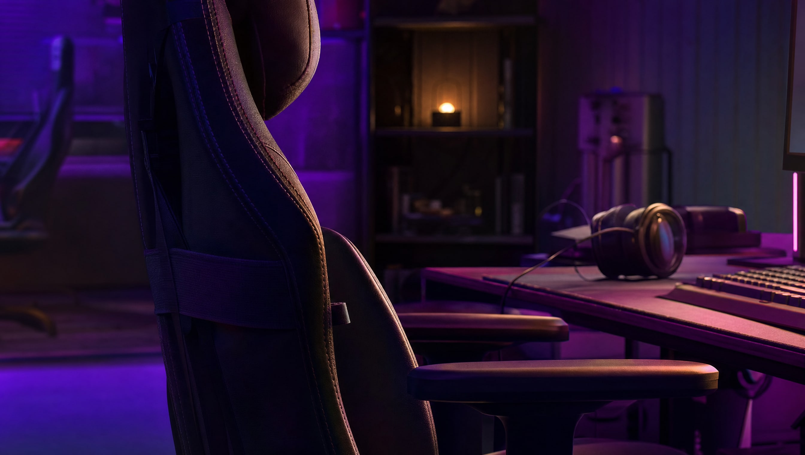 A high-backed chair seen from the side at seated height, lumbar support in place.