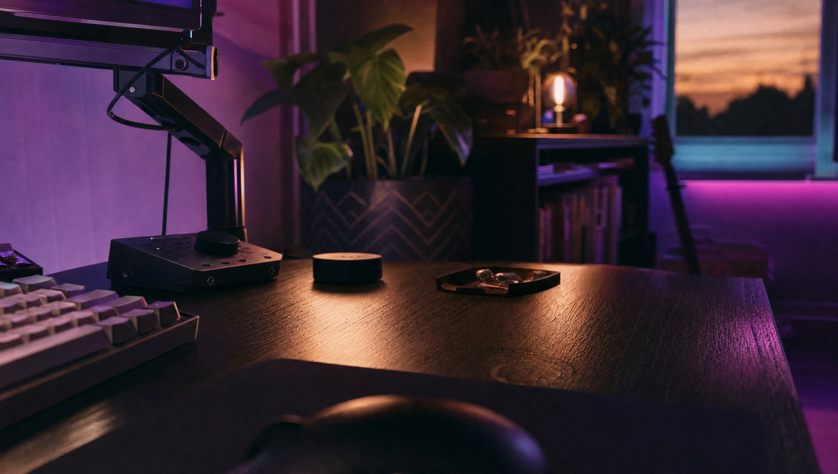 A dark wood desk surface at a low grazing angle, a monitor arm clamped at the rear edge.