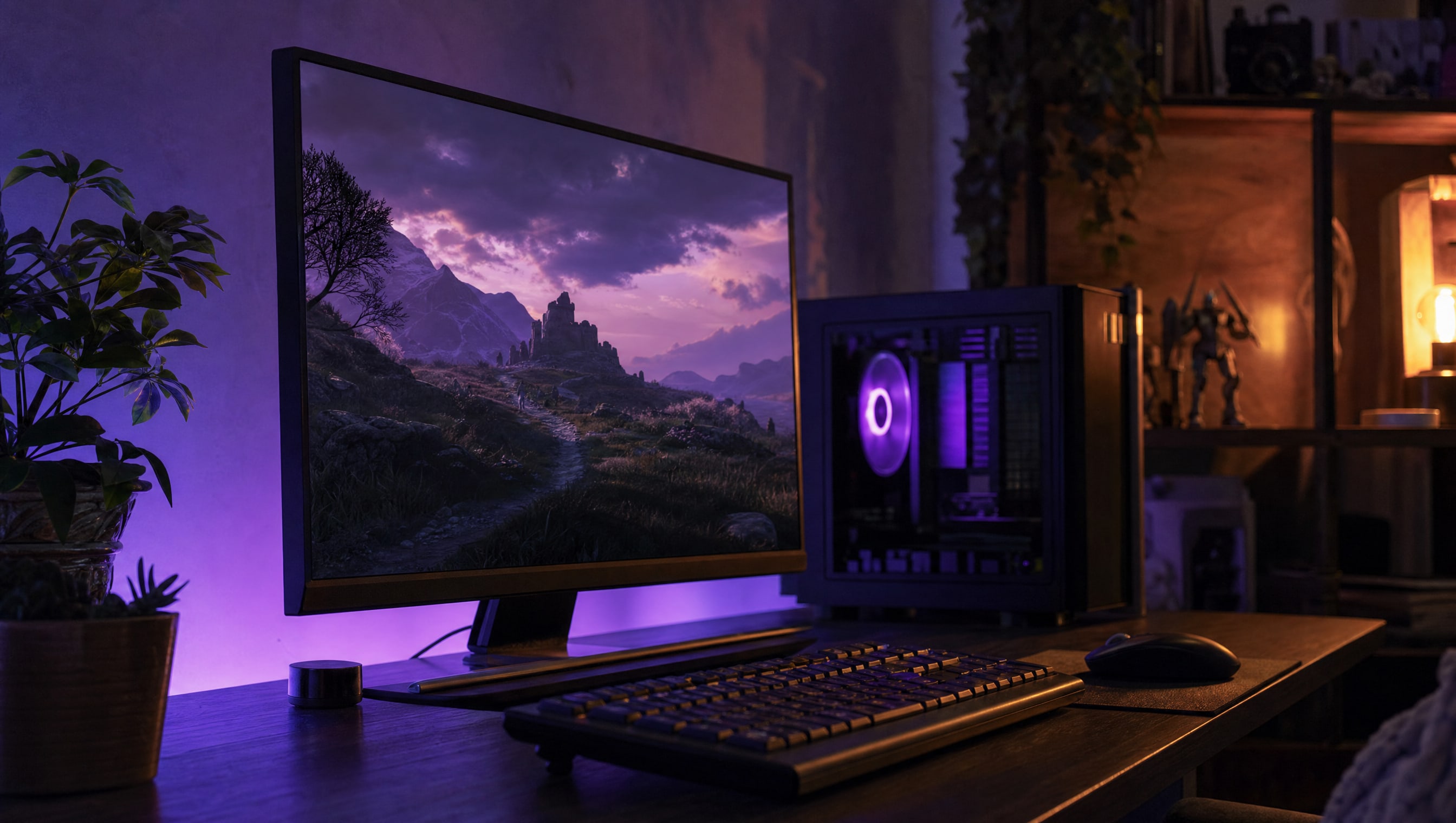 A single wide monitor on a dark desk at dusk at a slight angle, bezel catching violet rim light.