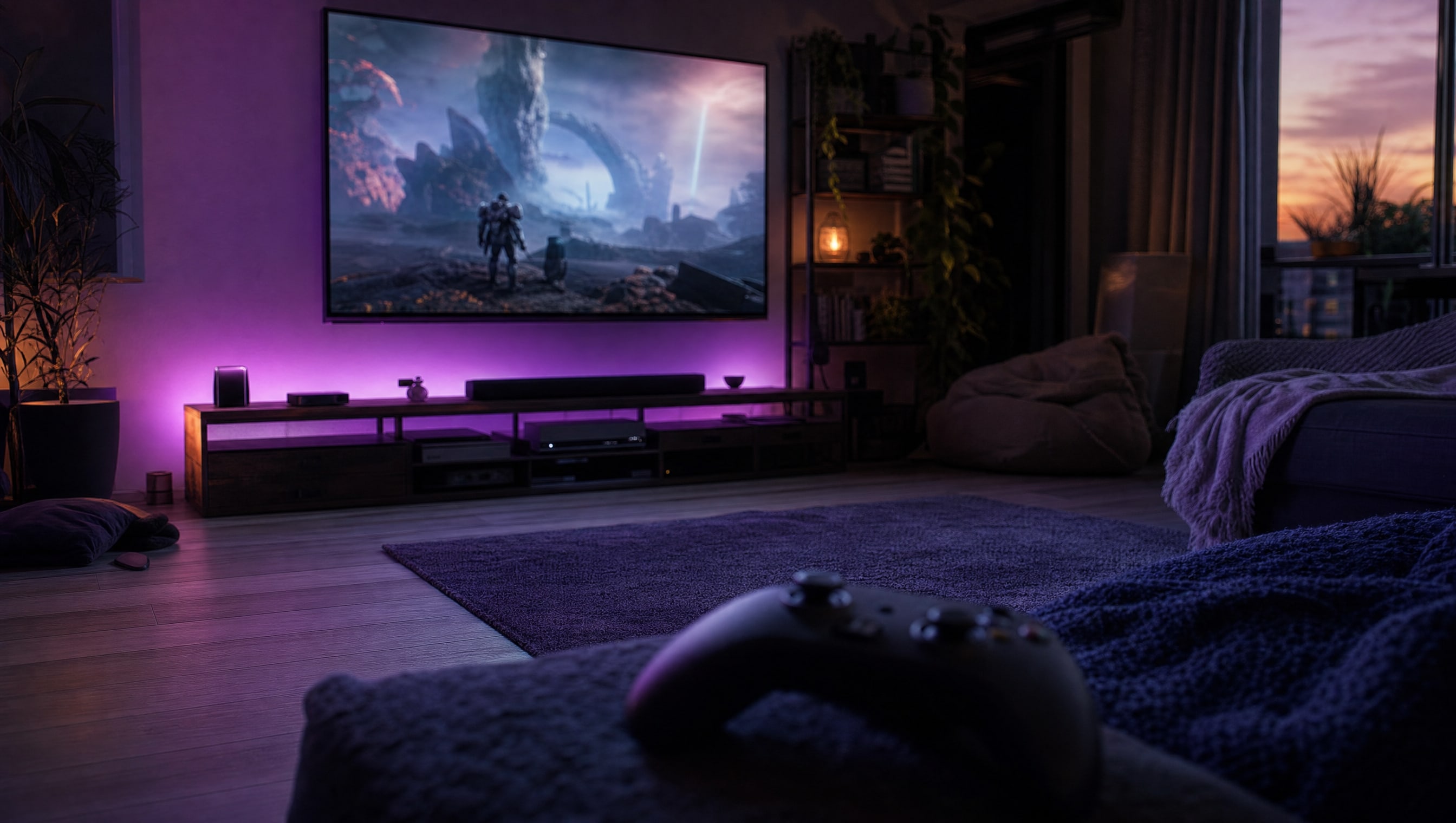 A large flat television on a wall across a dim room, seen from a low seated viewpoint.