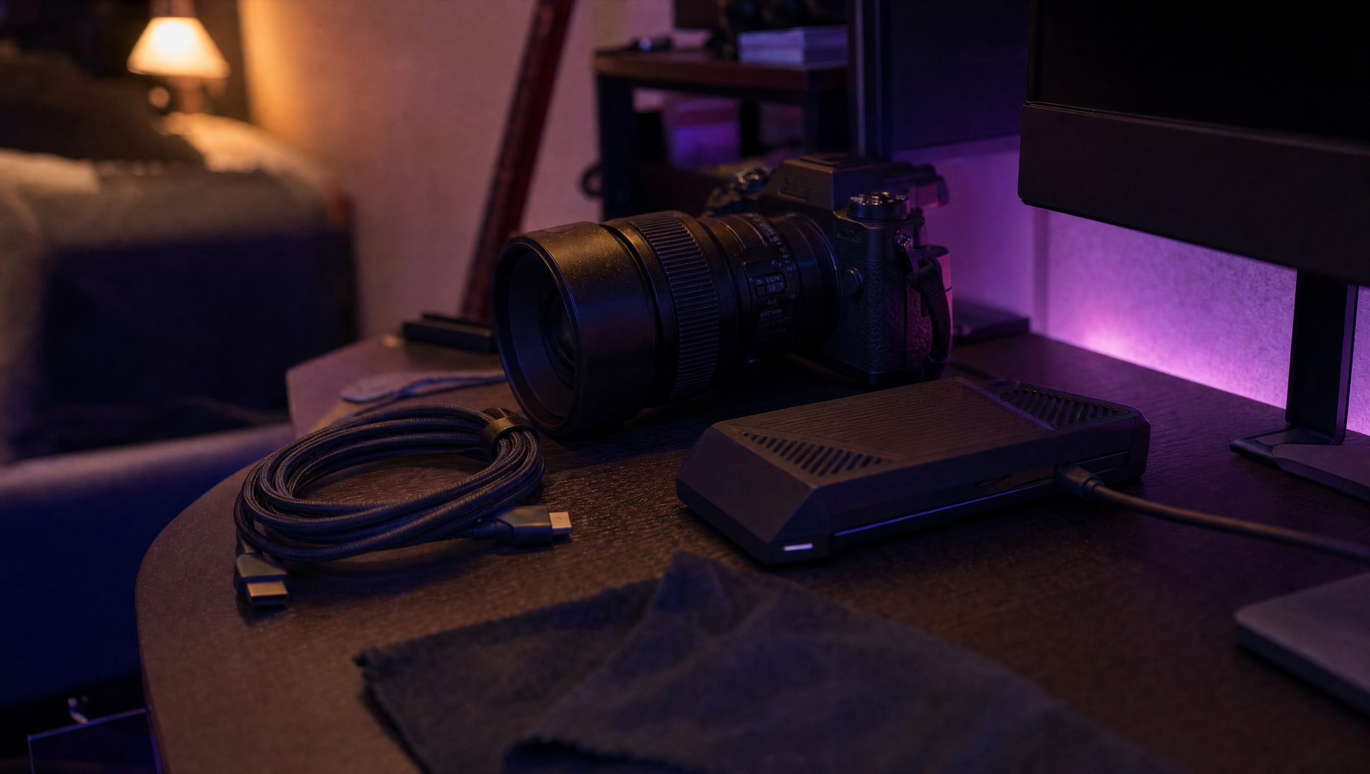 A desk corner at night: a camera, a capture device, a coil of cable and a lens cloth.