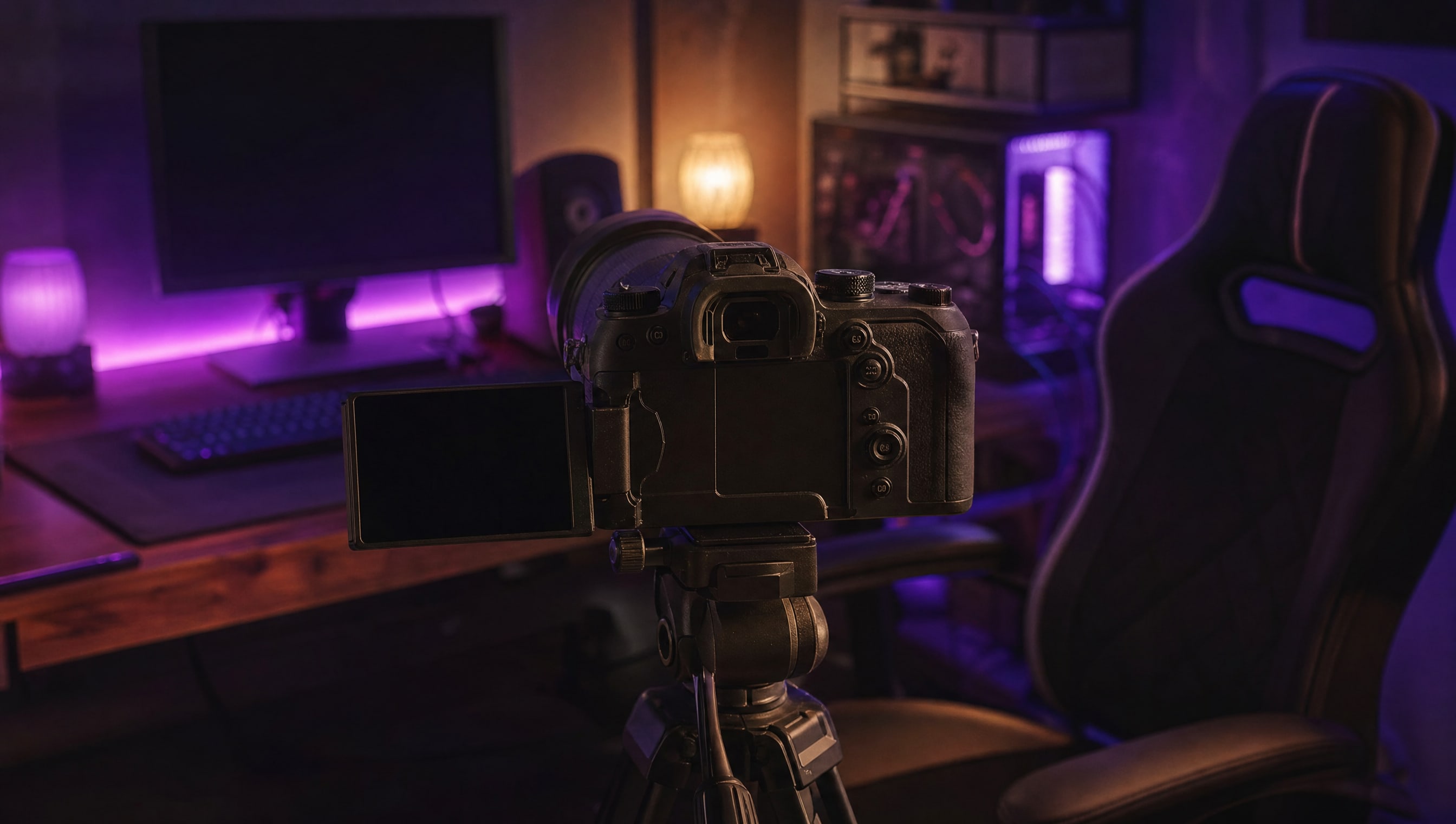 A camera on a tripod seen from behind, its articulated screen flipped out and dark.
