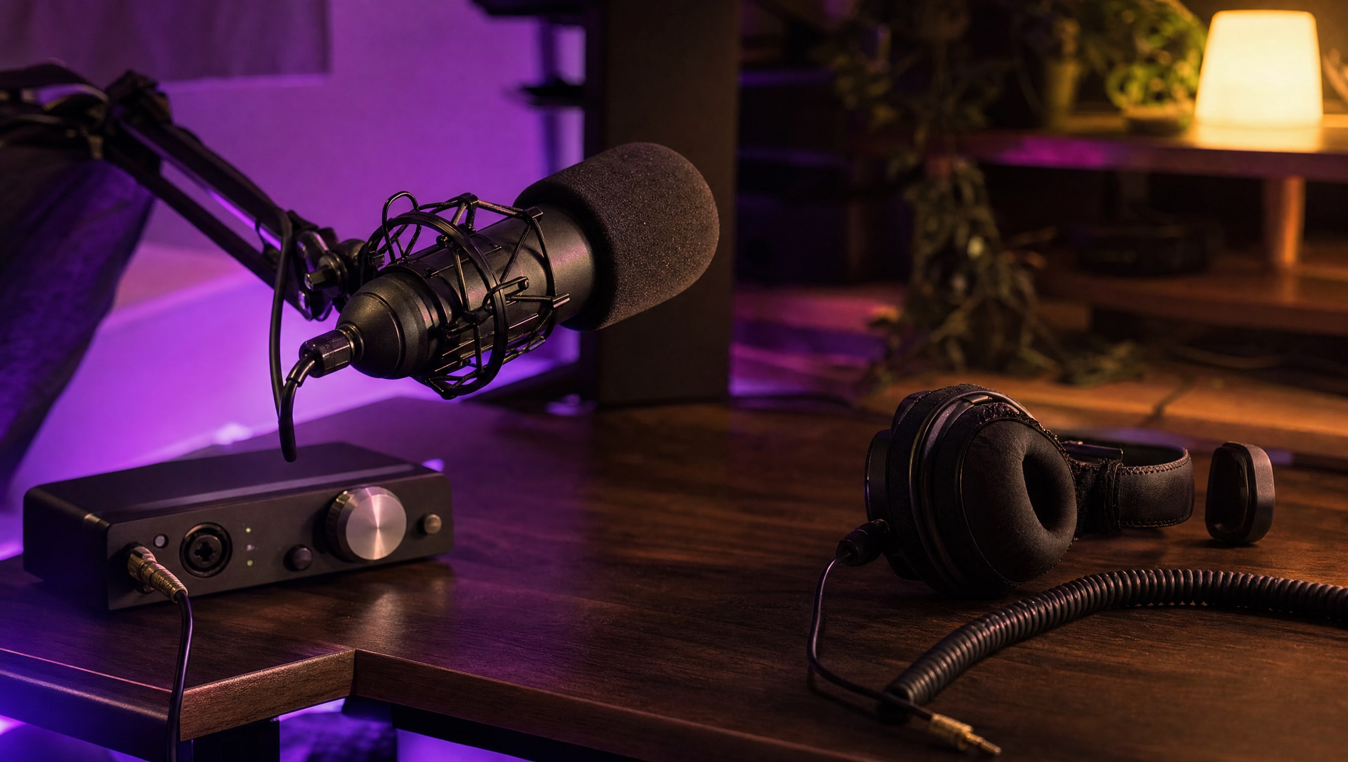 A desk corner at night: a mic on an arm, an interface, headphones and a coiled cable.