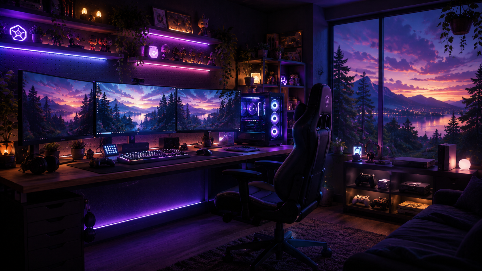 A gaming battlestation glowing with RGB light