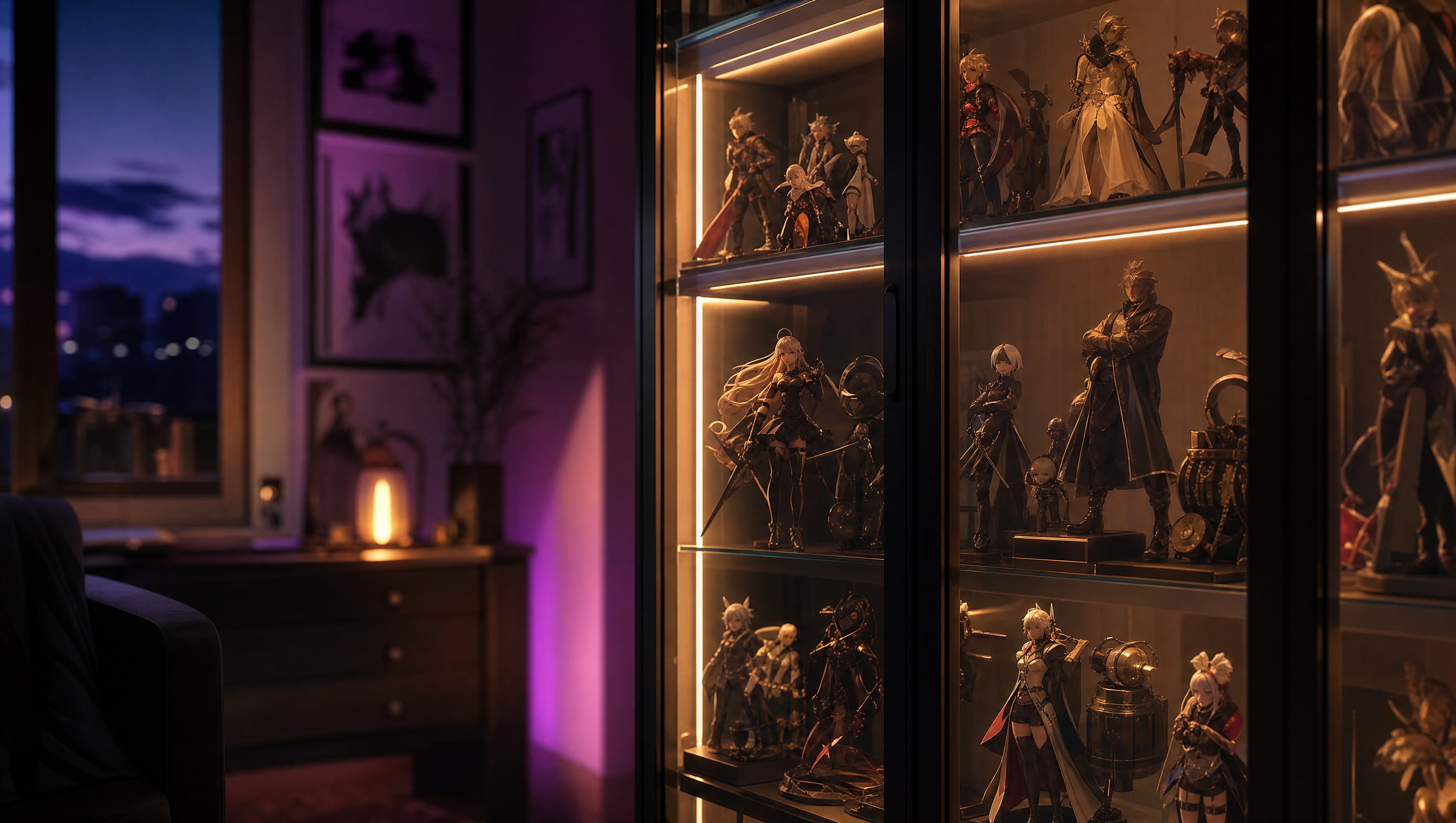 Poppy's glass display cabinet at night, figures glowing under warm LED strips behind closed doors