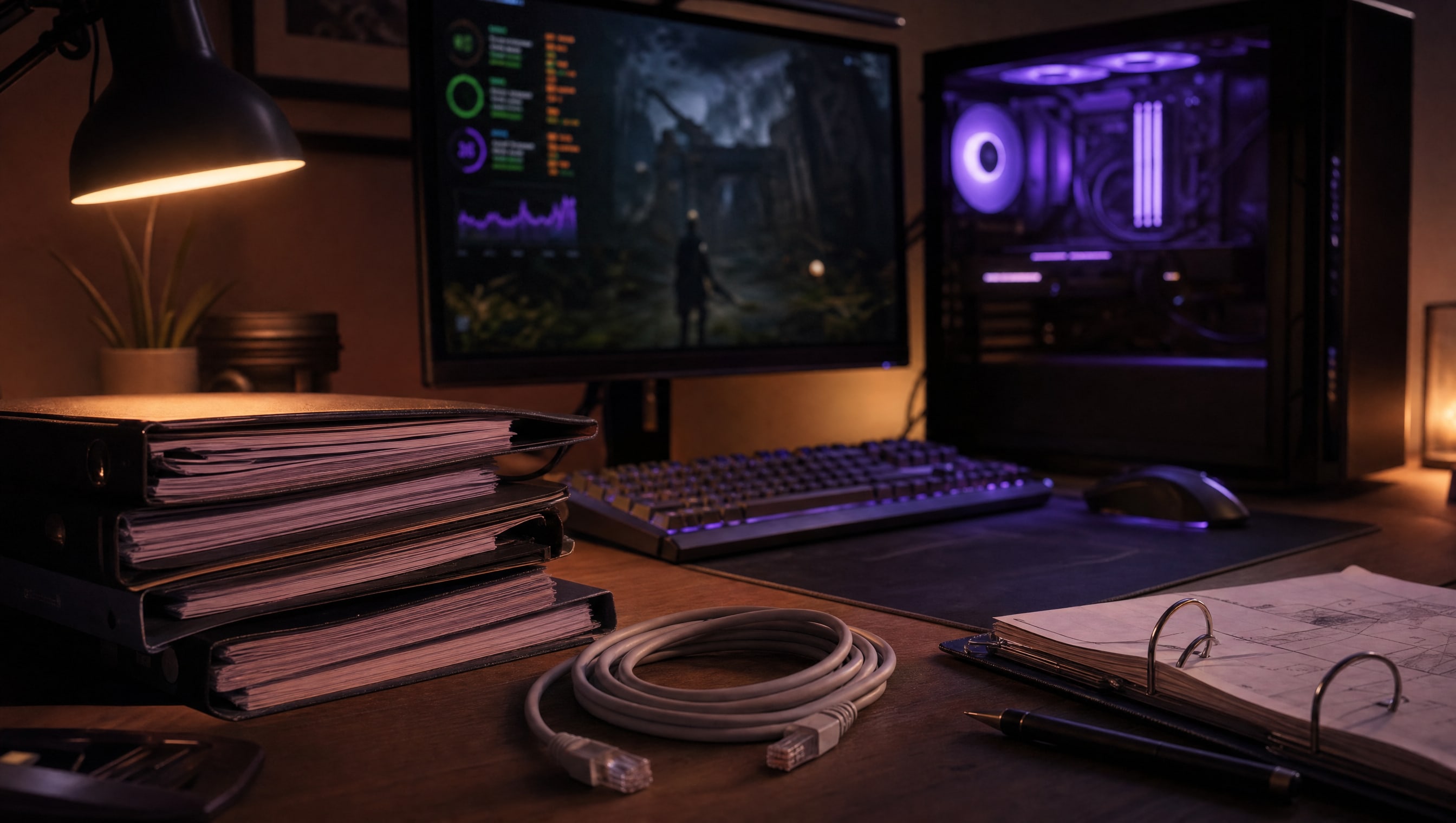 Ian's gaming PC behind the binder stack, performance overlay on screen and an ethernet cable coiled on the desk