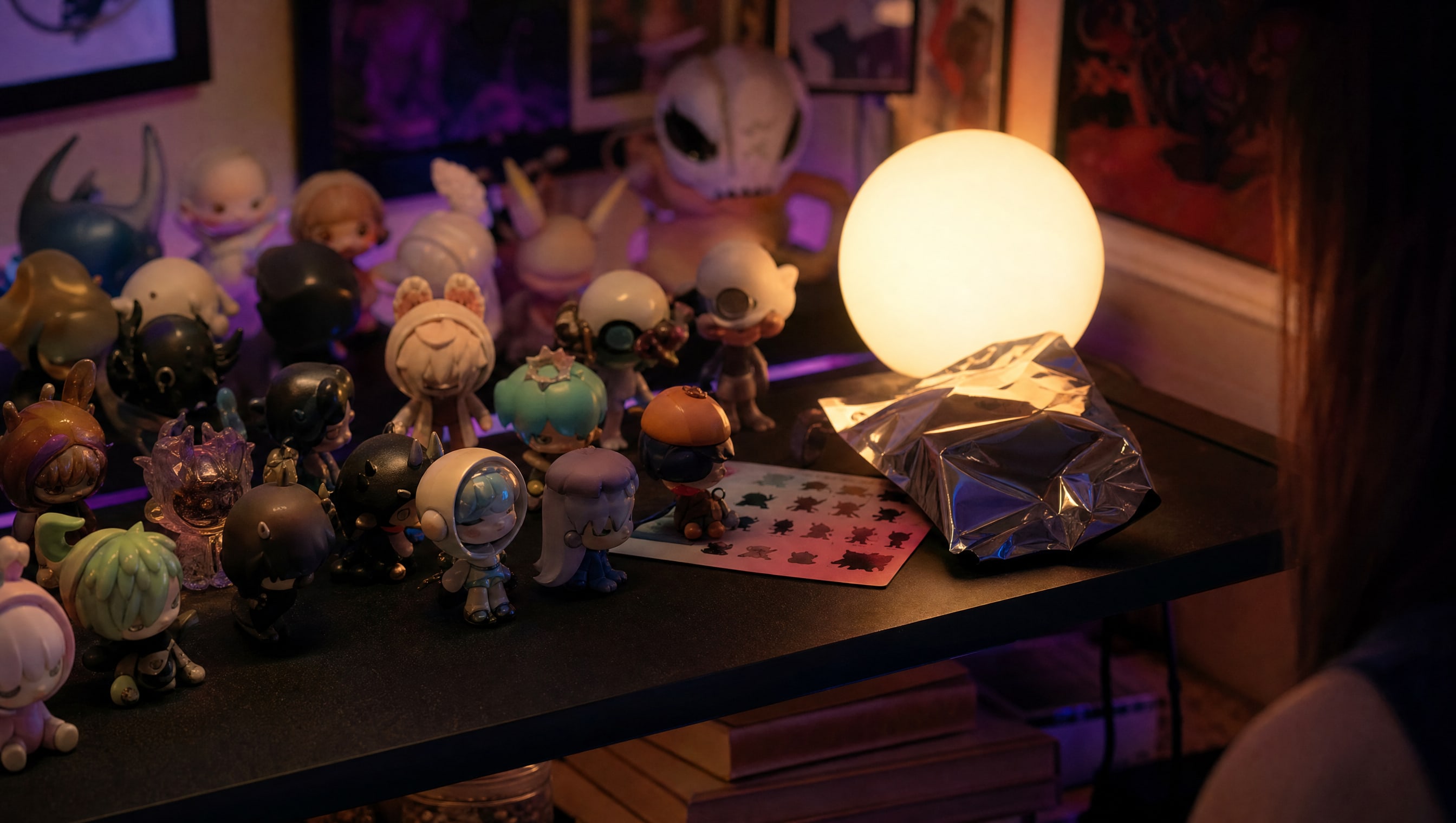 A crowd of blind box figures on Poppy's shelf beside an unopened foil bag and its odds insert