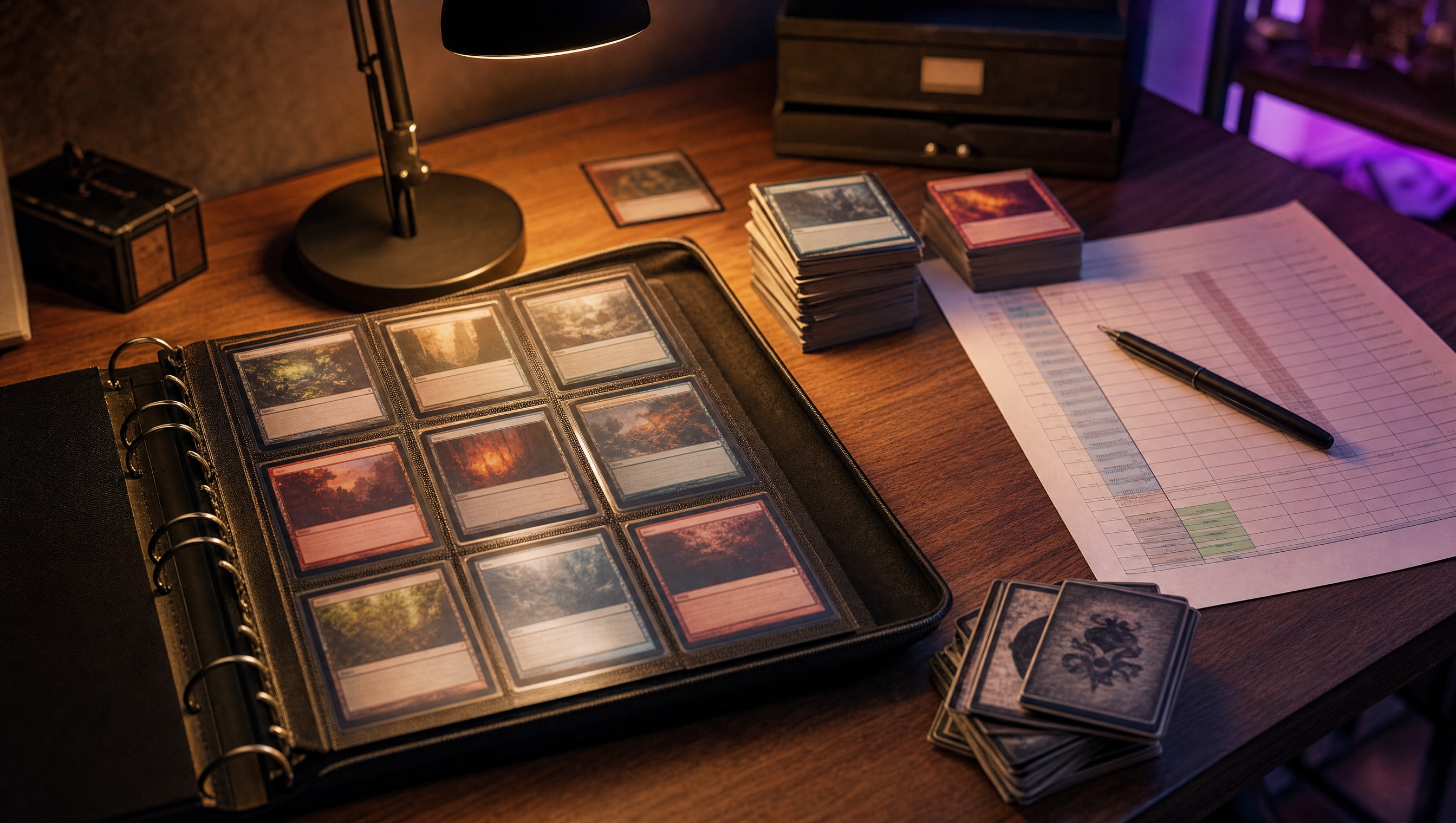 A collector's binder open under Ian's desk lamp, sorted card piles and a dated appraisal spreadsheet beside it