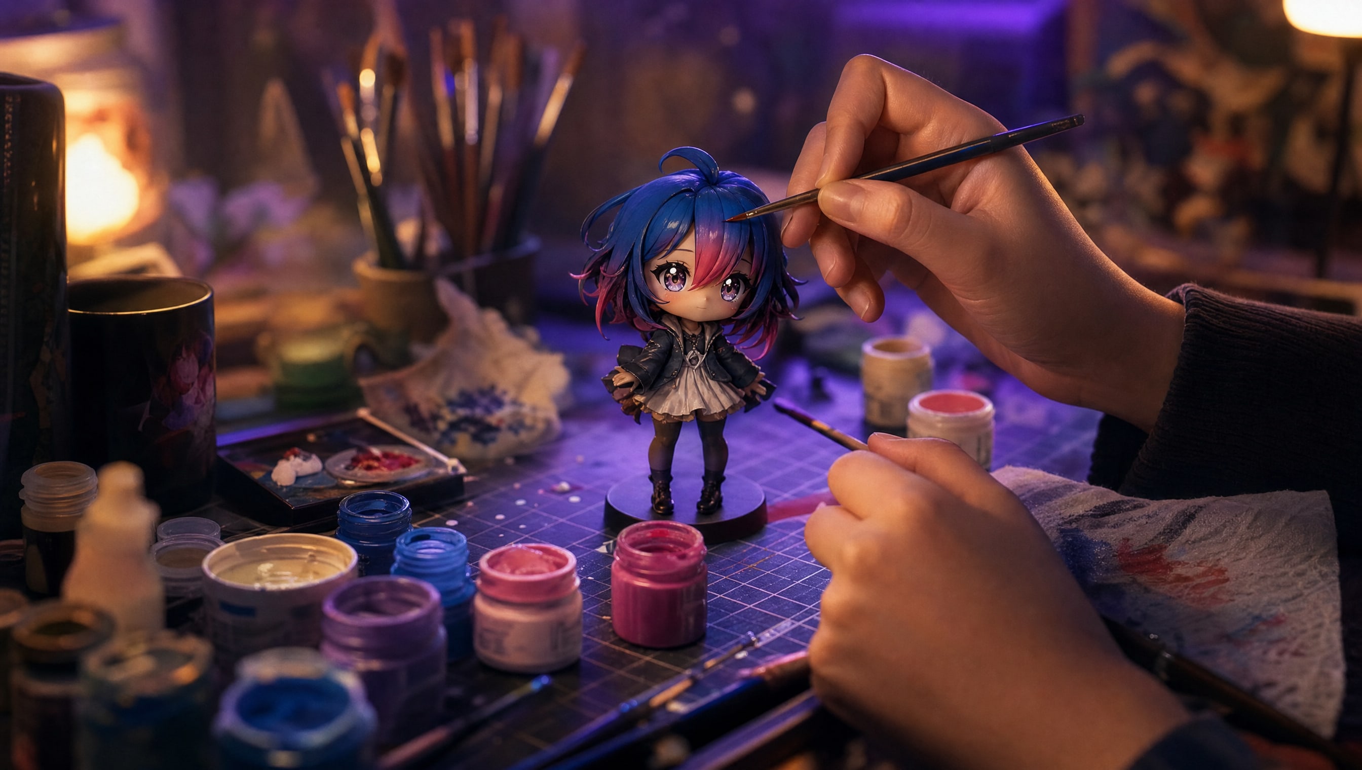 A small PVC figure mid-repaint on Poppy's desk — freshly painted hair, glossy anime eyes, detail brushes and open paint pots around it
