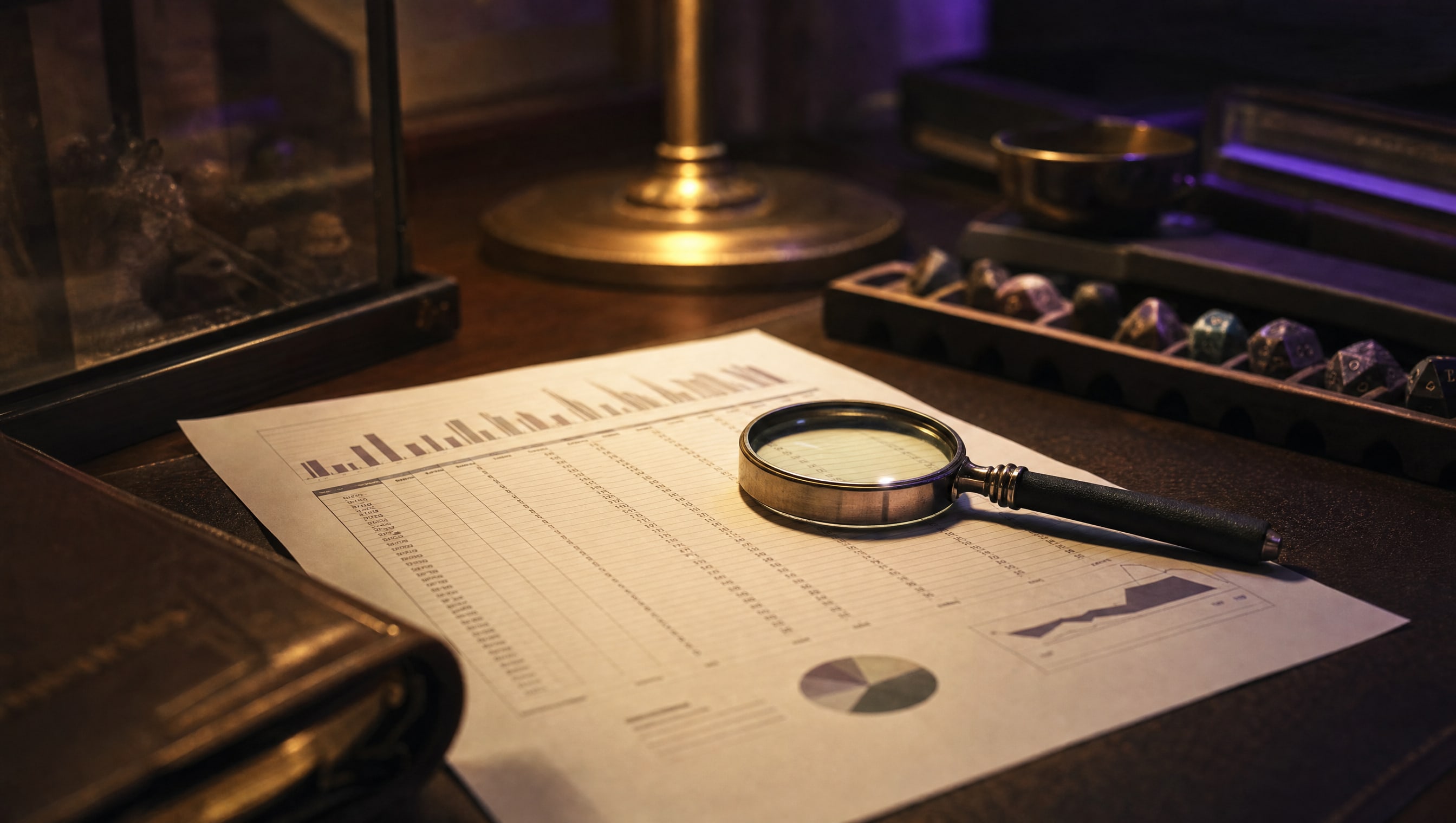A printed population report on Ian's desk under the lamp, columns of grades and counts, a loupe resting on the page