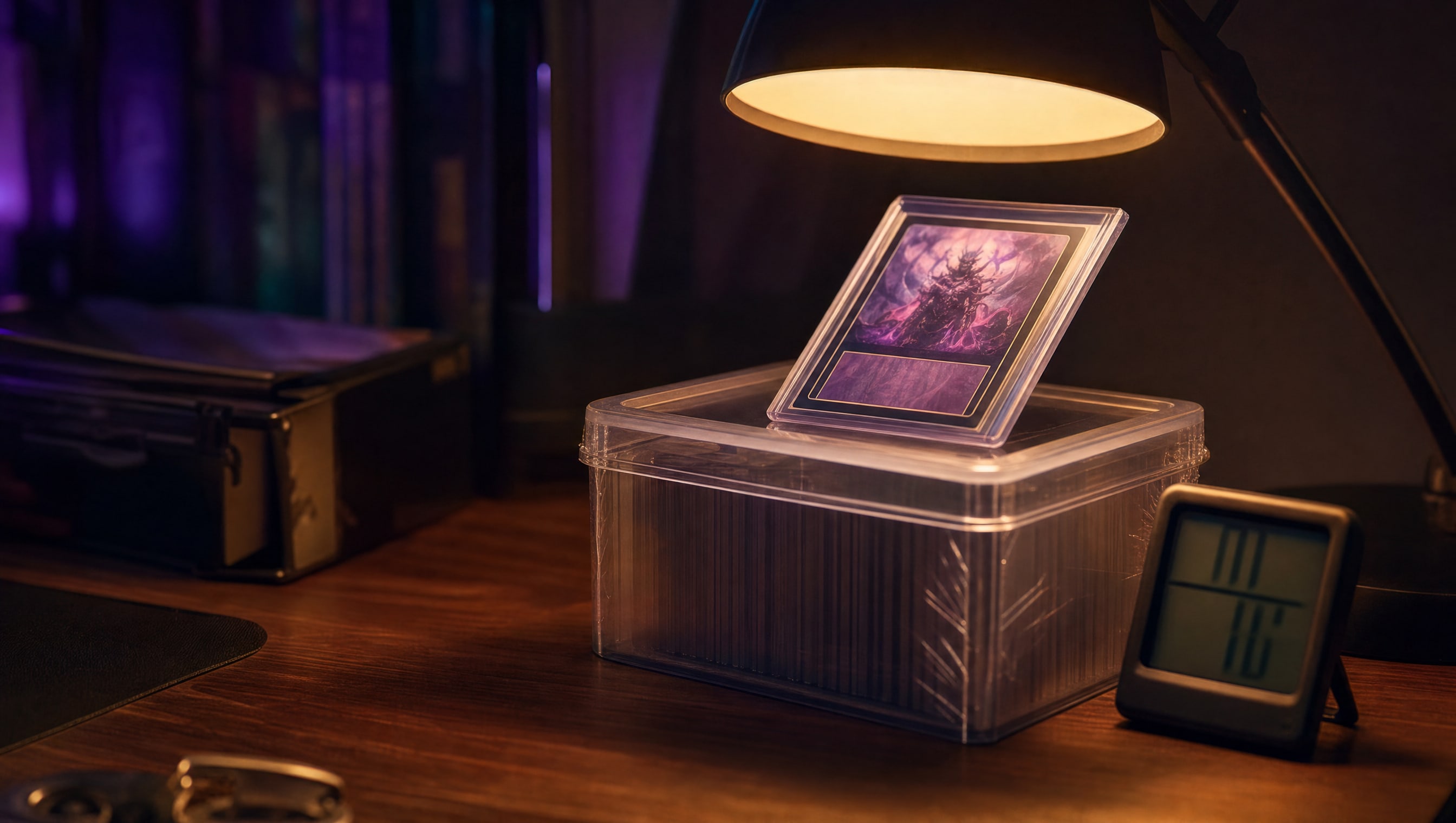 A sleeved trading card in a toploader resting on a sealed storage bin, digital hygrometer beside it under Ian's desk lamp