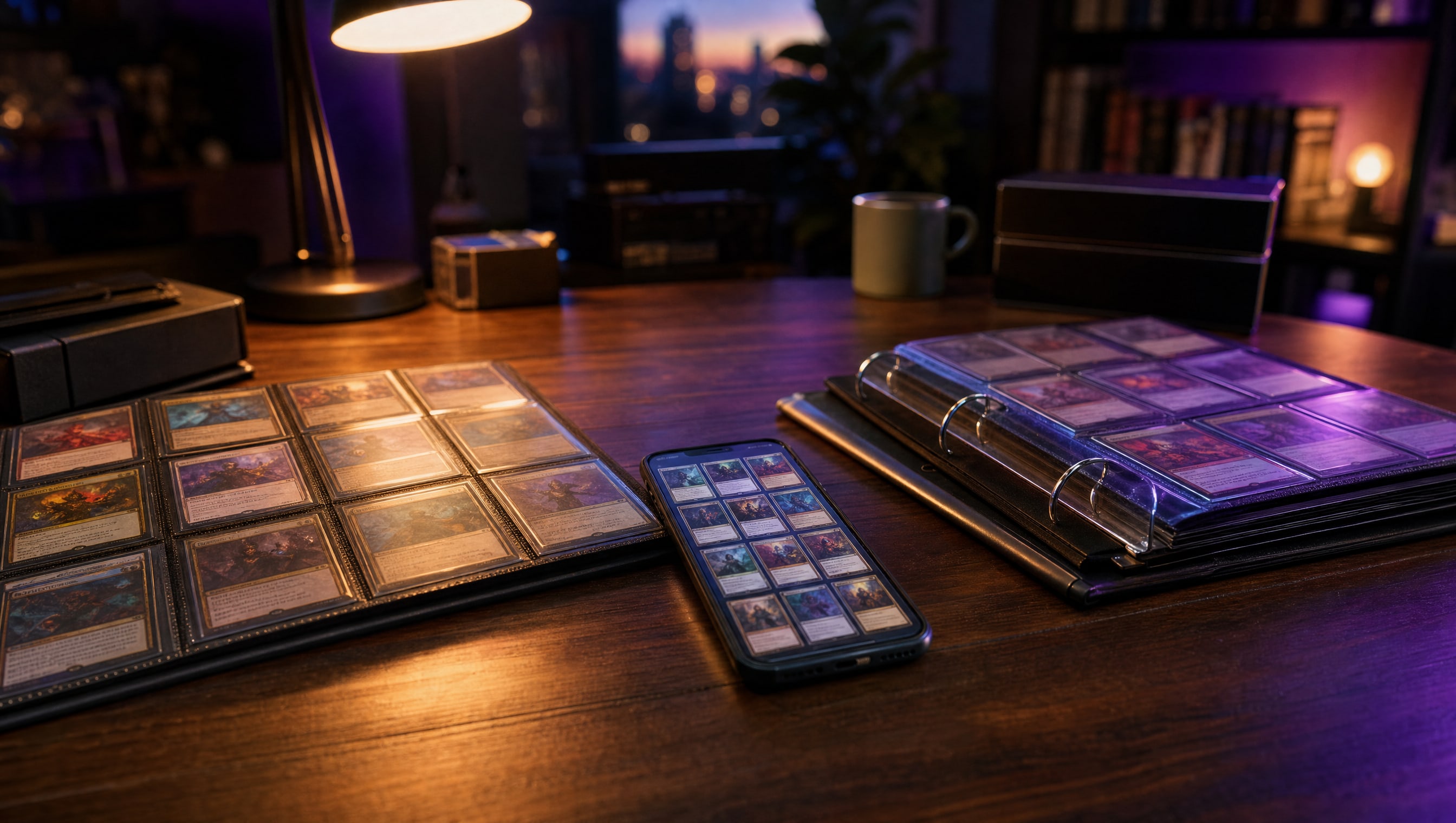 Two trade binders open across Ian's desk at trade night, a phone with sold comps face-up between them