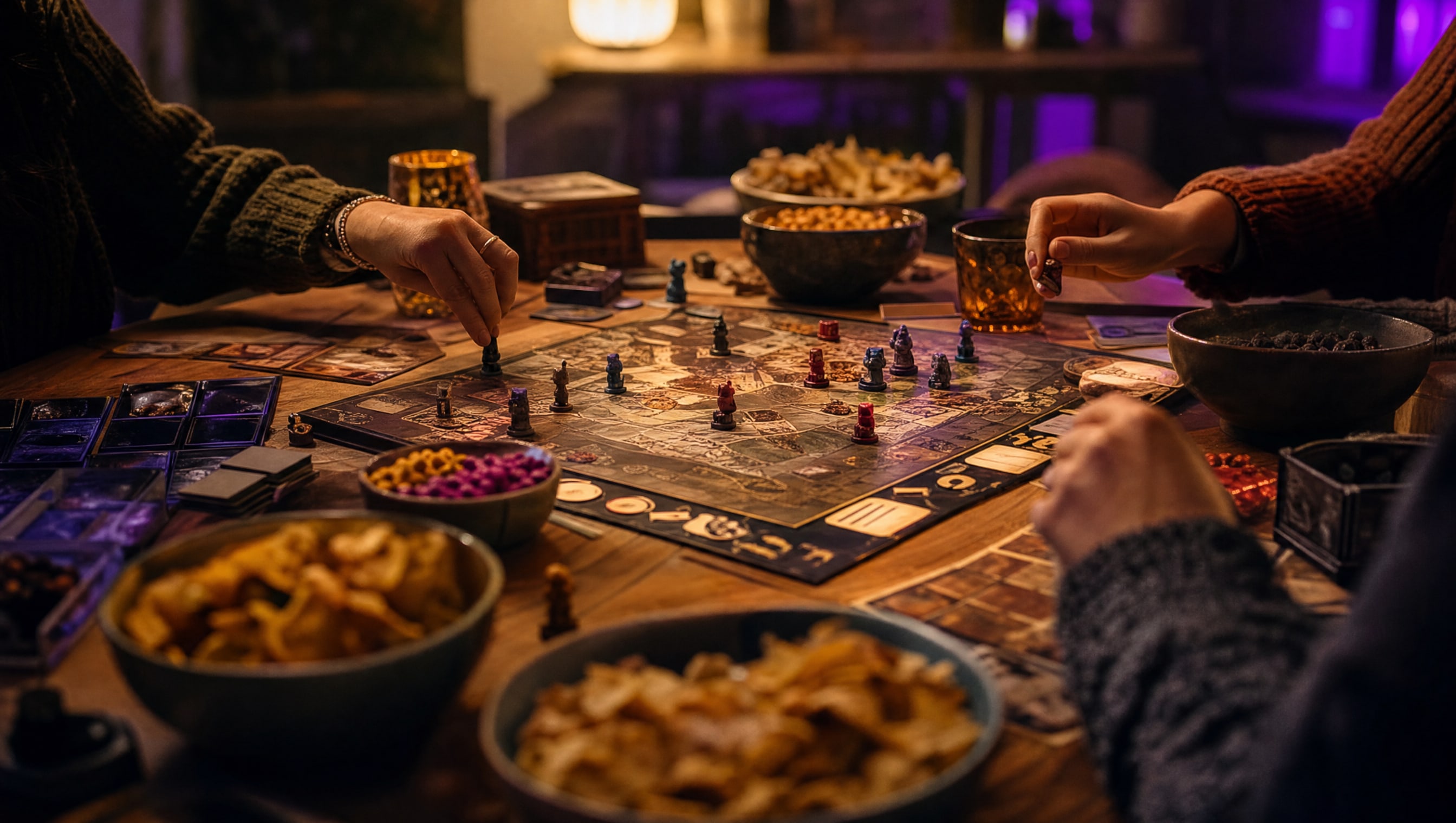 Poppy's game night table mid-game — warm light, stacked snack bowls, and friends laughing over a board game