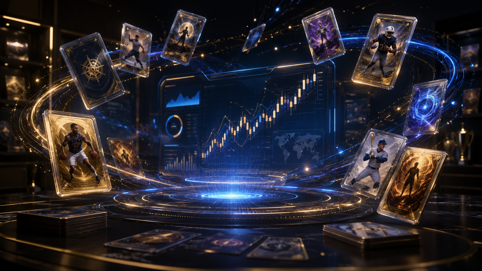 Slabbed trading cards orbiting a glowing arena