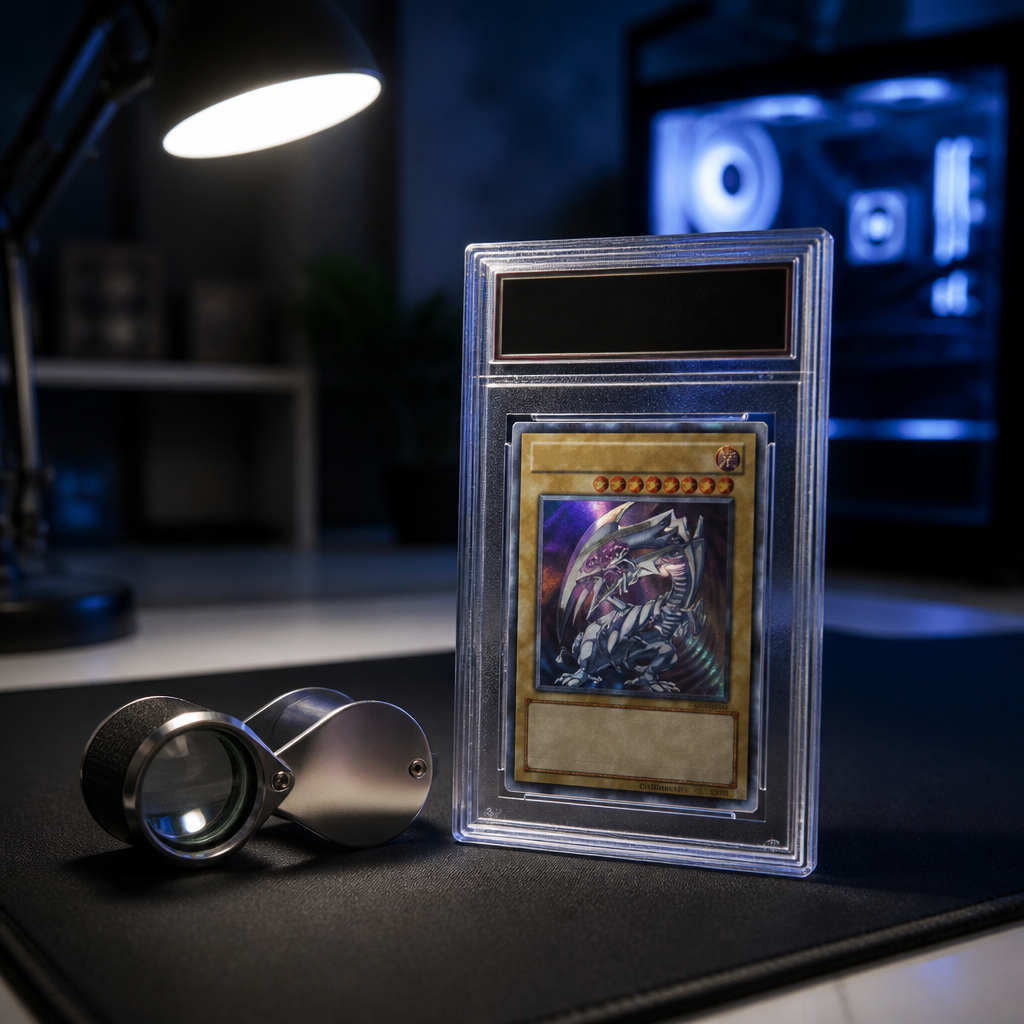 A graded card in its slab under Ian's desk lamp, loupe beside it